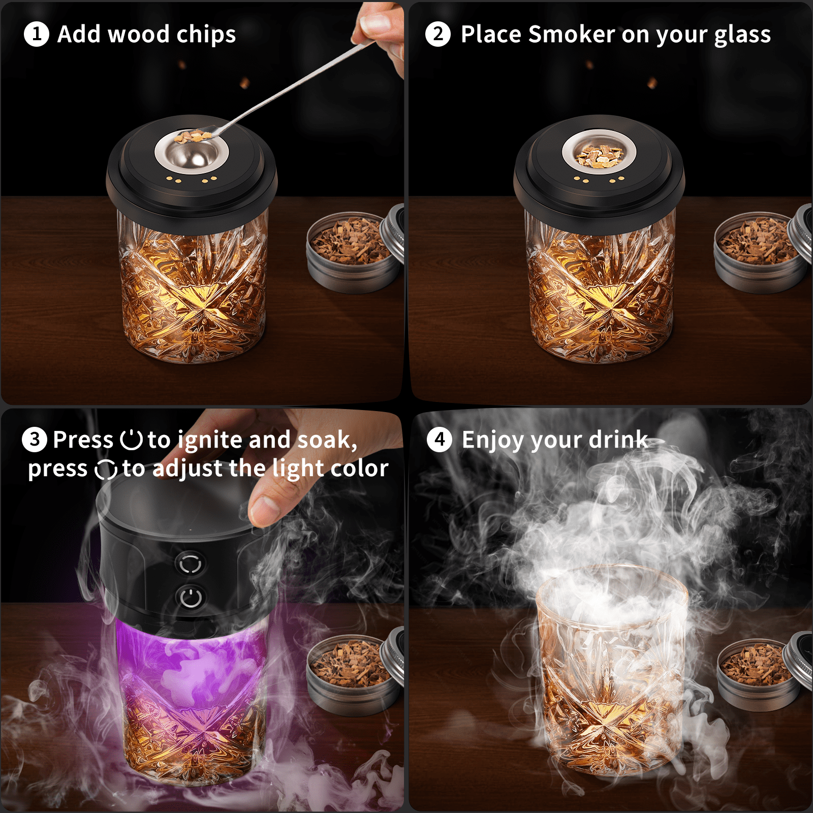 Nurforta Electric Whiskey Smoker Kit with RGB Lights, Portable Cocktail Infuser with 6 Wood Chip Flavors (Black, 3.9 in x 3.9 in x 3.5 in) 695iu