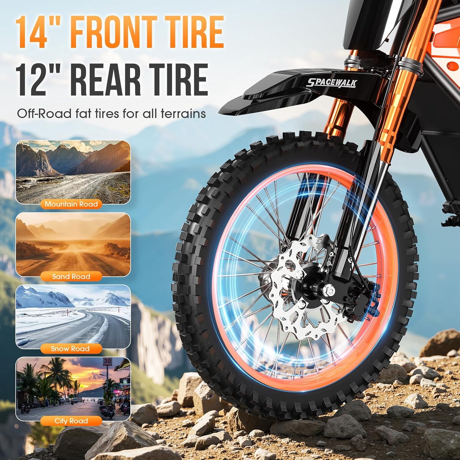 Spacewalk Electric Mountain Bike, 3000W Peak Motor Off-Road E-Bike, Full Suspension, Hydraulic Brakes (14 in Front/12 in Rear Fat Tires) ivpgz