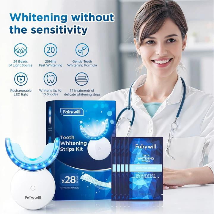 Fairywill LED Teeth Whitening Strips Kit with Blue Light Accelerator (White, 28 Strips) 95cho