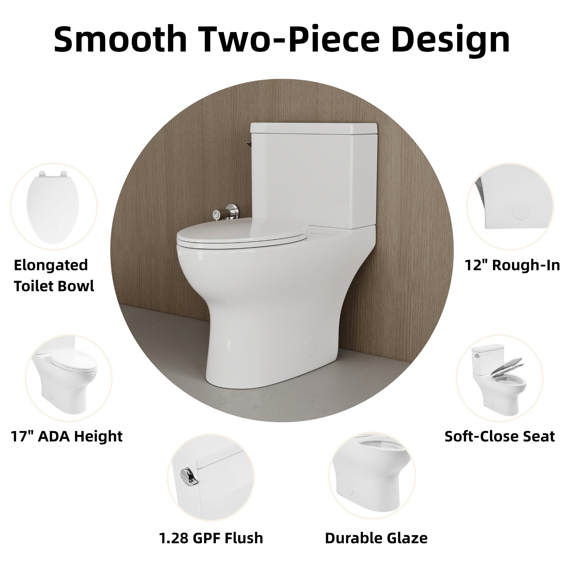 Los Flexi Modern Elongated Two-Piece Toilet, ADA Comfort Height with Soft-Close Seat (White, 17.5 in) kldv5