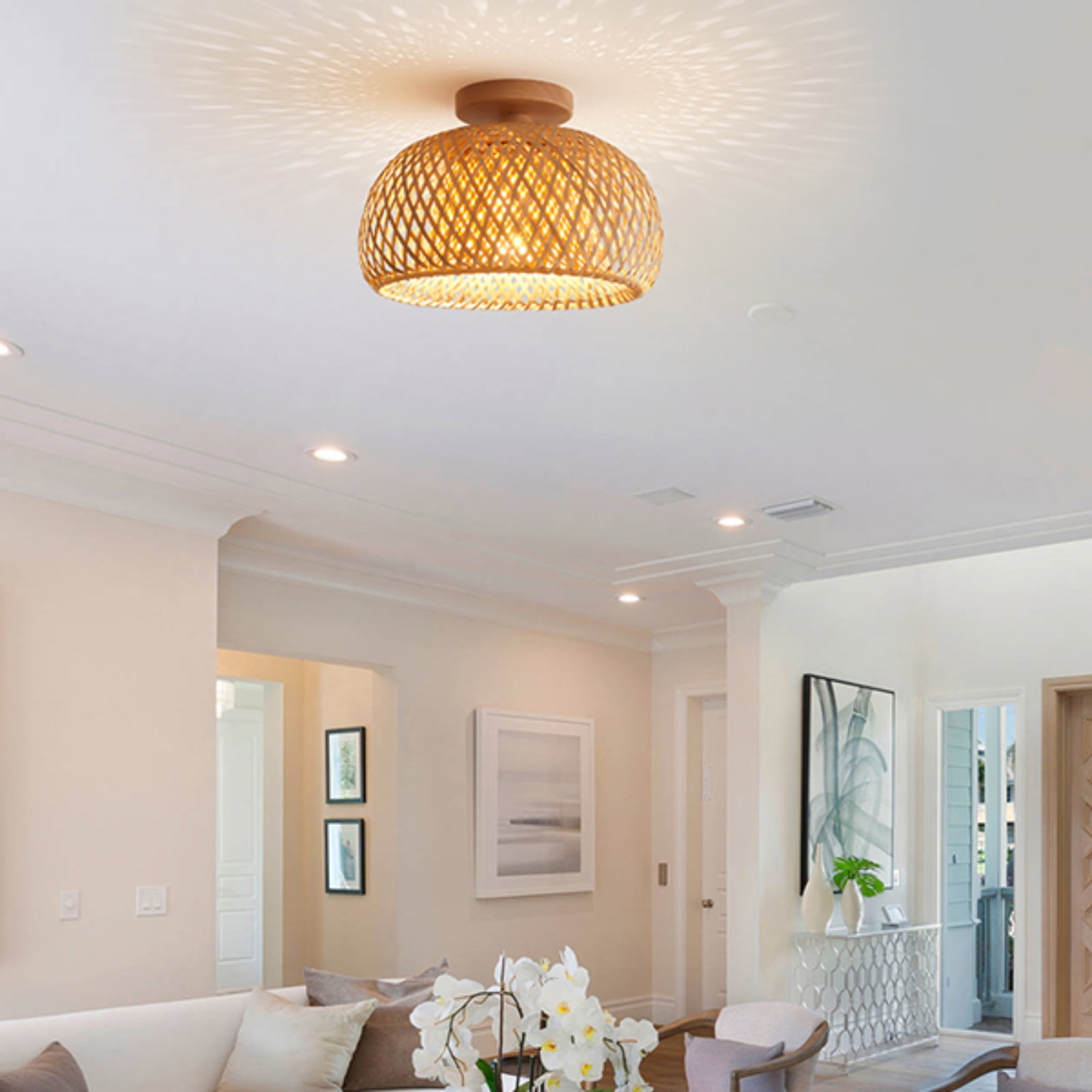 IC INSTANT COACH Rattan Semi Flush Mount Ceiling Light, Handmade Boho Bamboo Chandelier for Farmhouse Bedroom and Hallway (Natural, 10 in) jimth