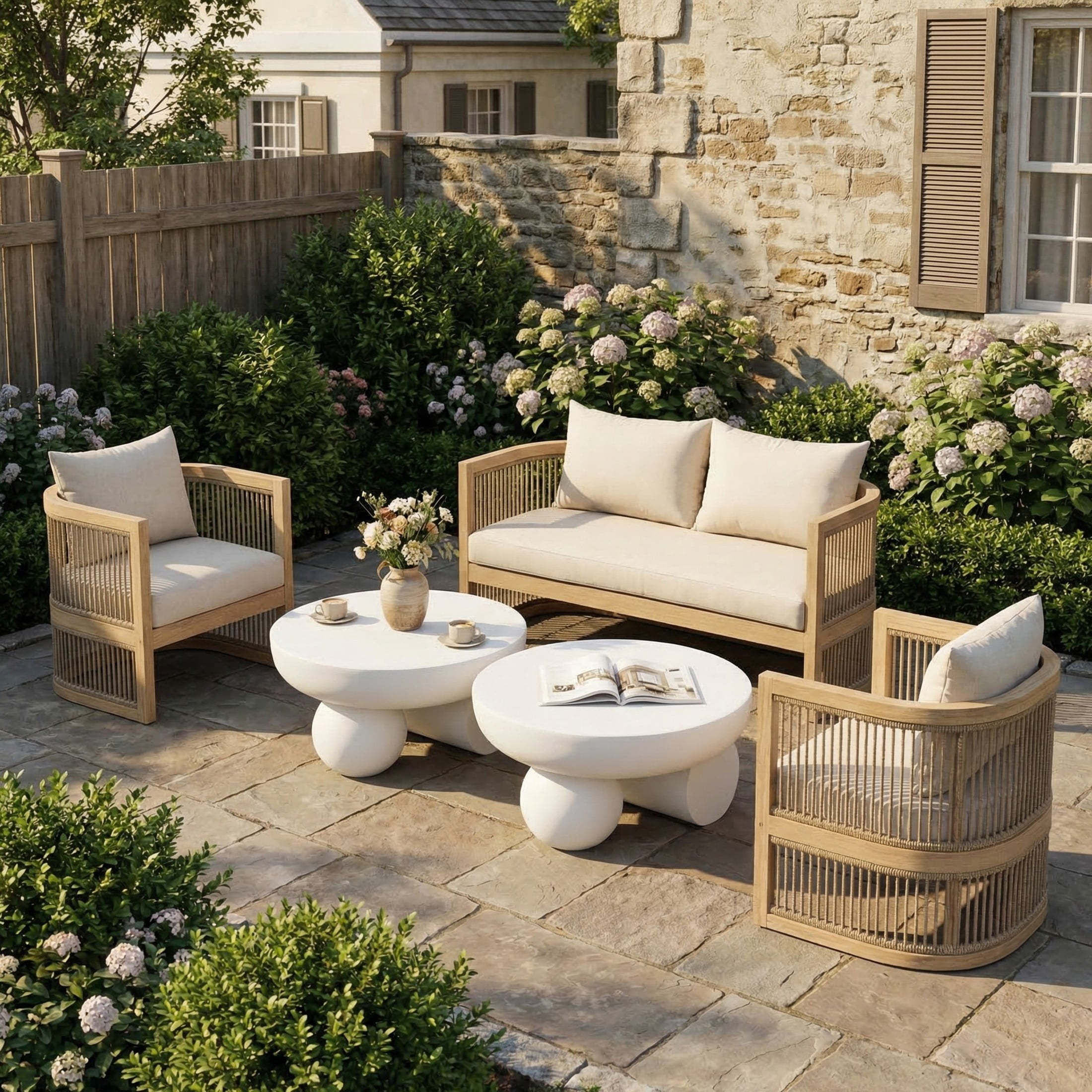 Christopher Knight Home 5-Piece Outdoor Conversation Set with Coffee Tables (Light Teak, Beige Cushion, 5-Piece) rdixu