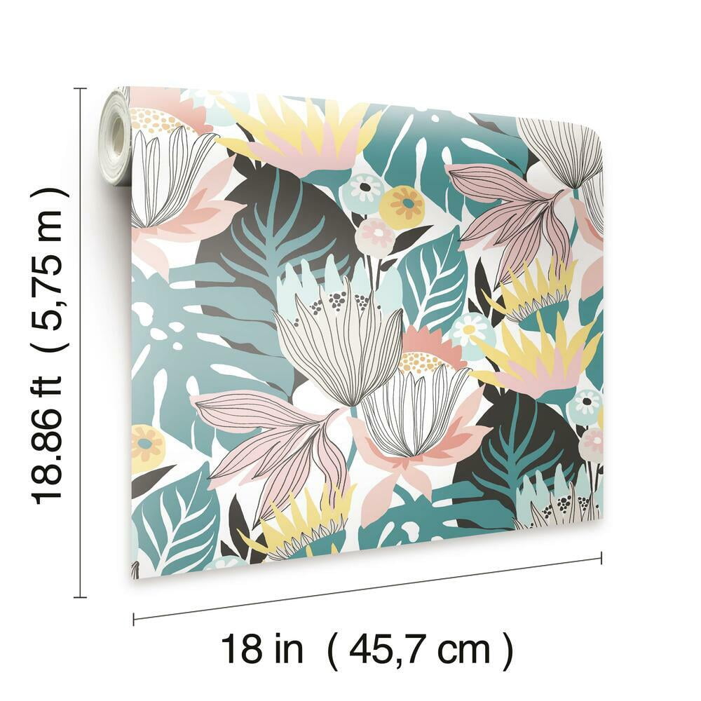 RoomMates Retro Tropical Leaves Peel and Stick Wallpaper (Pink, 20.5 in x 16.5 ft) jncuq