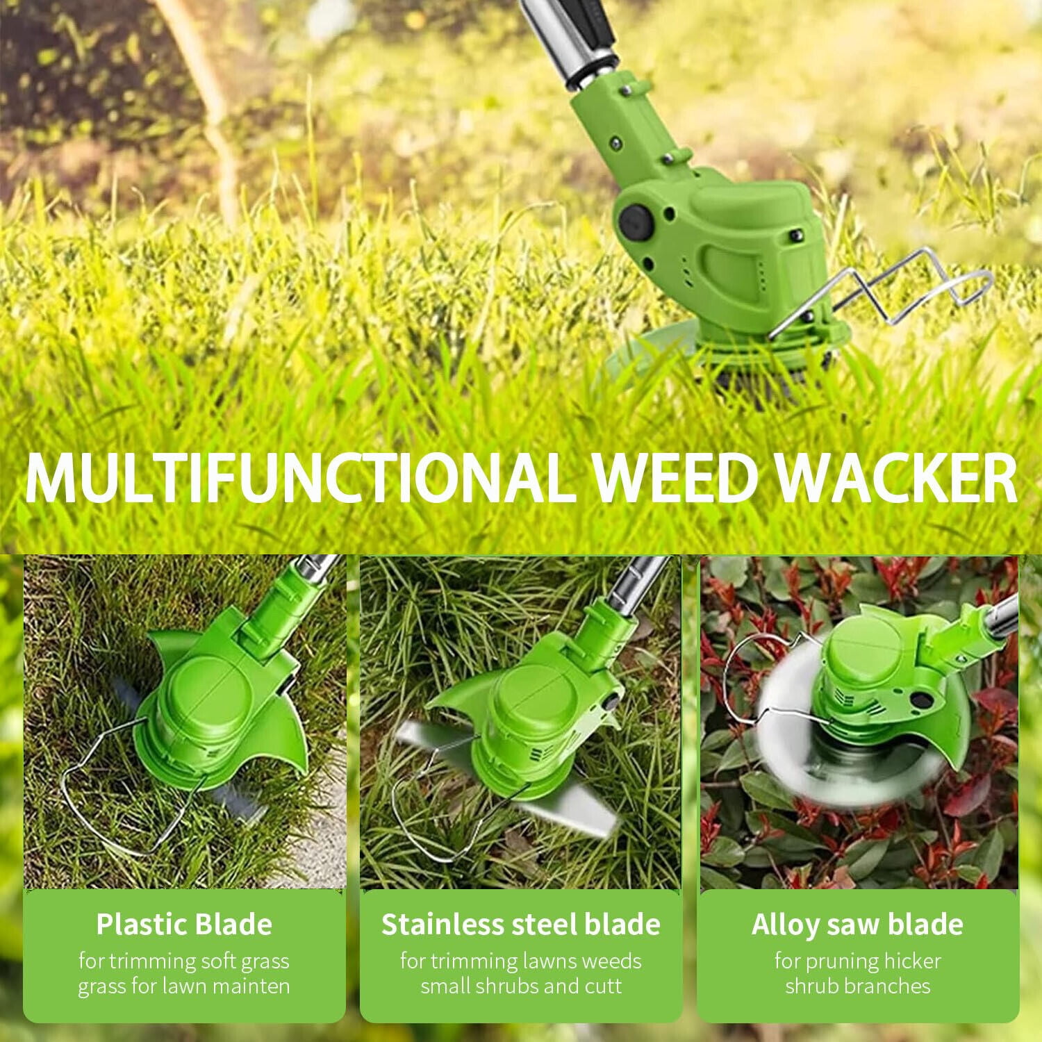 LEXKUYI Electric Cordless Weed Wacker, 48V Battery Powered Grass Trimmer with 2 Batteries & 3 Cutting Blades (Green, 47.2 in) r71wm