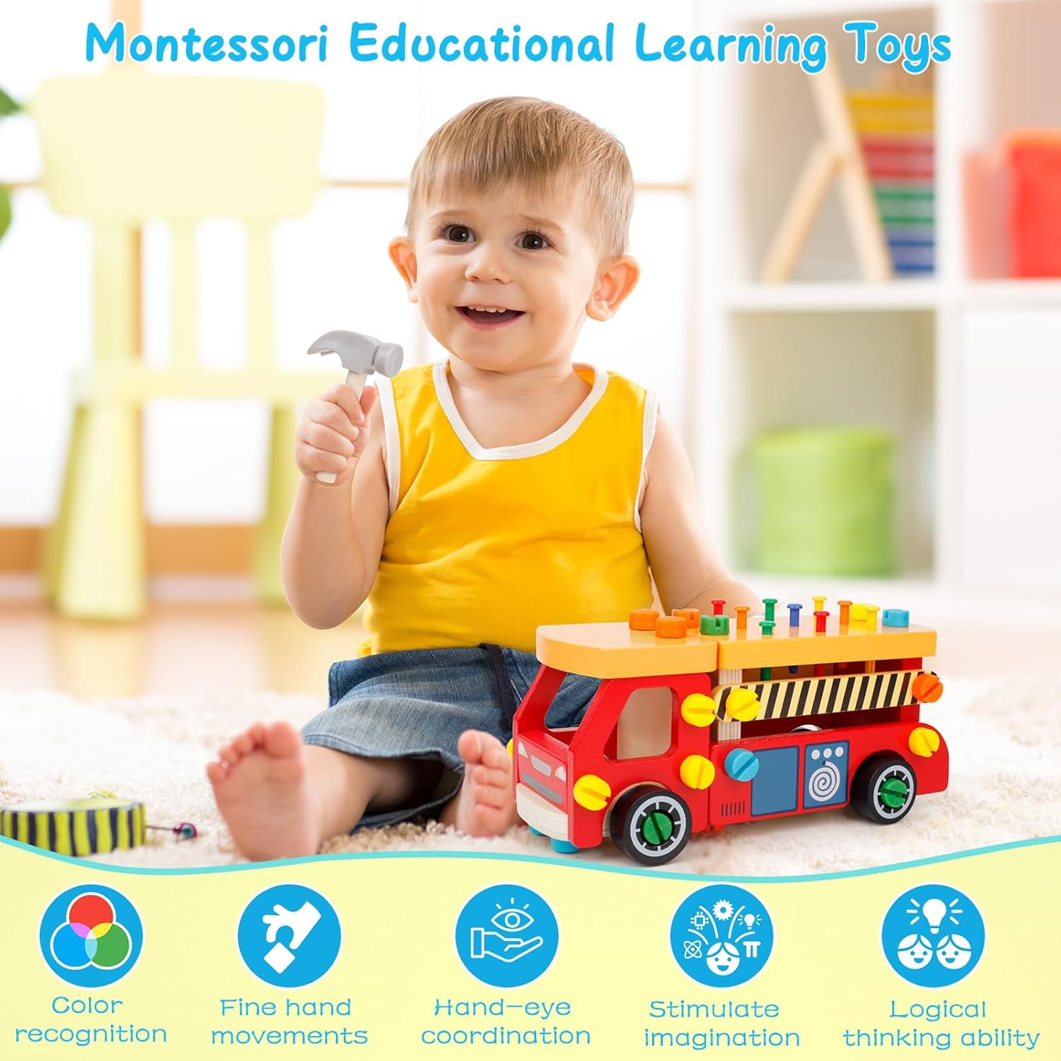 LTONLINE Wooden Toddler Tool Bench Montessori Construction Set (62 Pieces) u6r7m