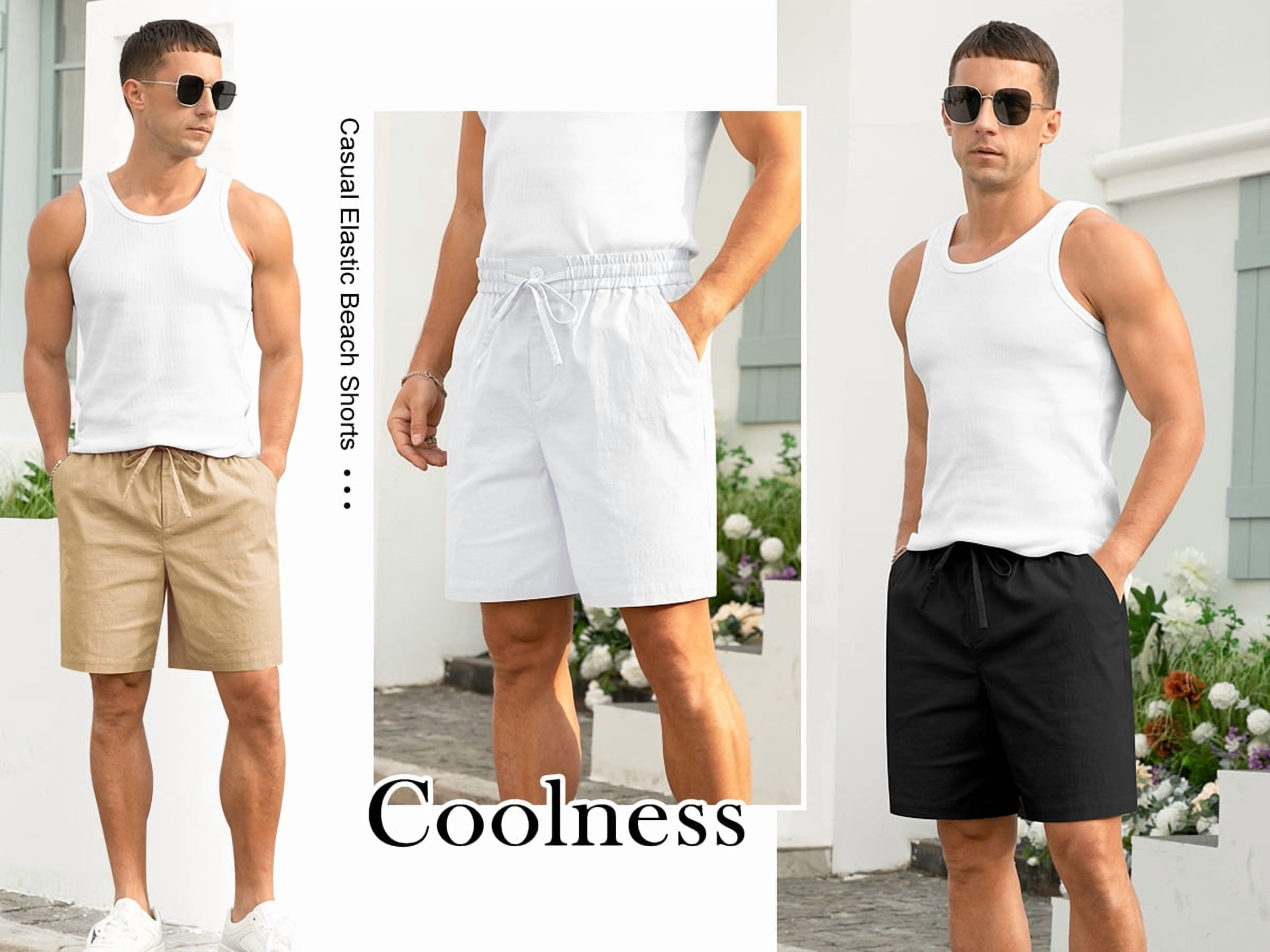 Iceglad Mens Cotton Linen Shorts Casual Summer Beach Drawstring Shorts (White, Large) eqllz