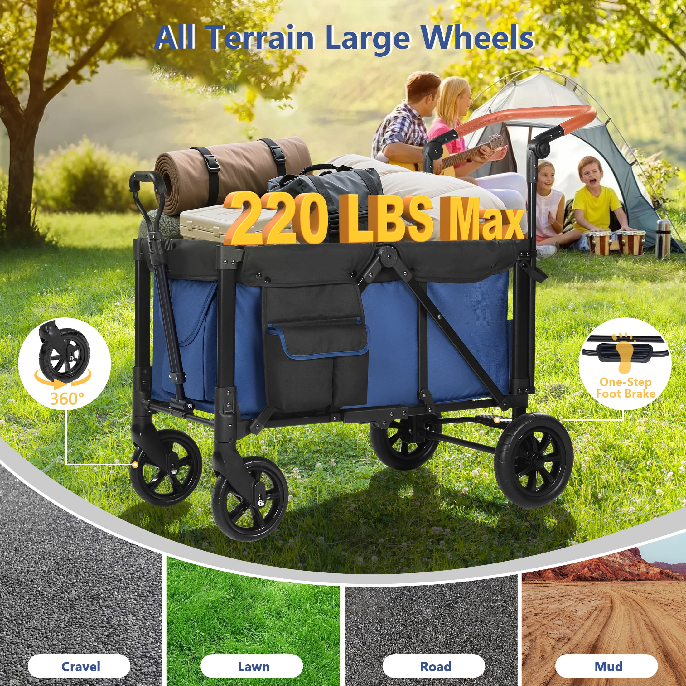 Minikid 2-Seater Wagon Stroller with Canopy and 5-Point Harness (Blue, 38 lb) jnqvp