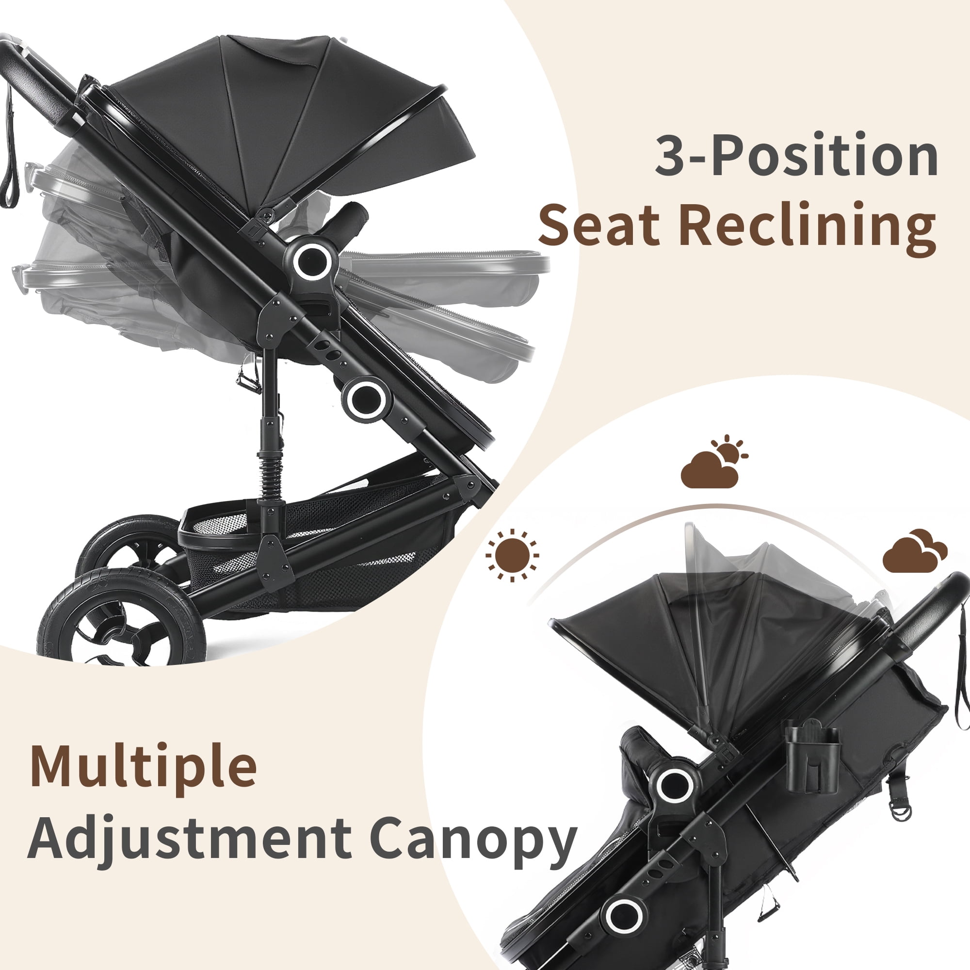 AILEEKISS 3-in-1 Convertible Baby Stroller, Reversible Seat with Adjustable Canopy (Black, 24 lb) z5il0