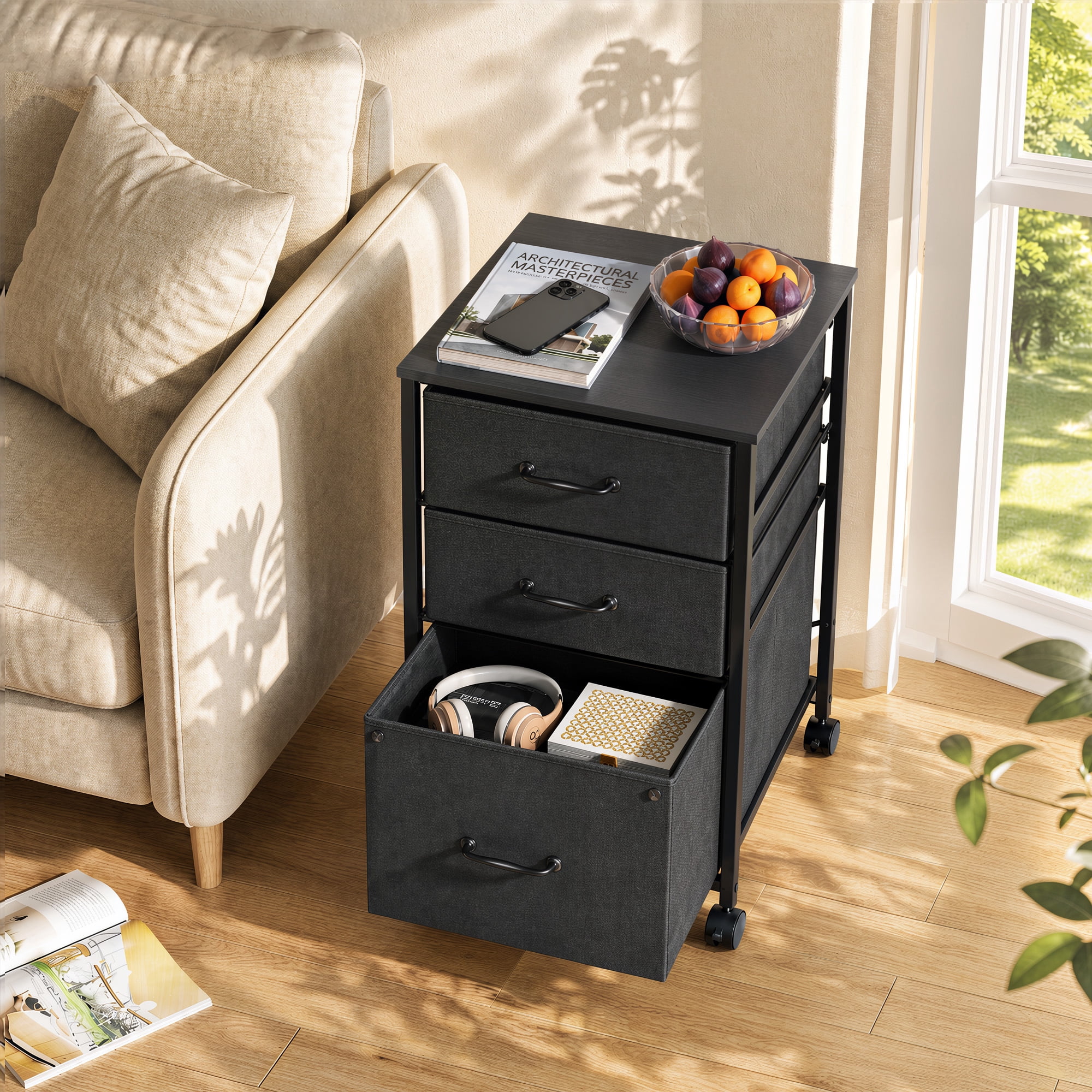 GALAXHERO 3-Drawer Rolling File Cabinet for Home Office, Vertical Printer Stand with Fabric Storage (Black) nbdx2