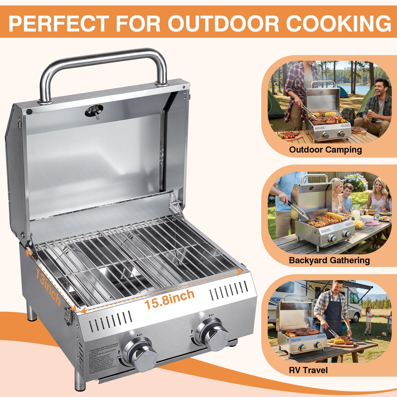 SIXDAYSOX 2-Burner Tabletop Gas Grill, 20,000 BTU Portable Propane Grill with Stainless Steel Grates (22 in x 20 in x 13 in) 3dhsy
