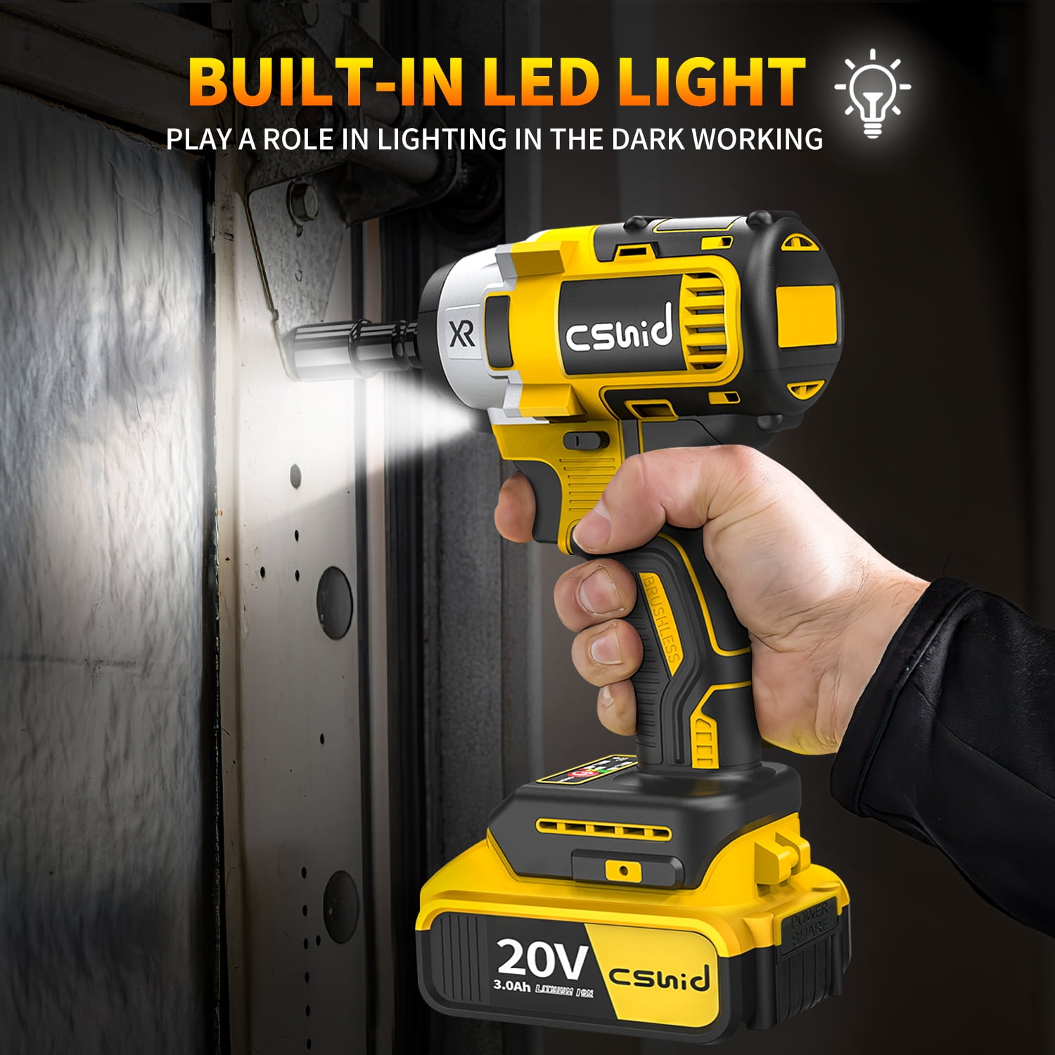 Cshidworld 20V Cordless Impact Wrench (1/2 in, 280 ft-lbs, 2 Batteries, 19-Piece Accessory Set, Yellow) trnh8