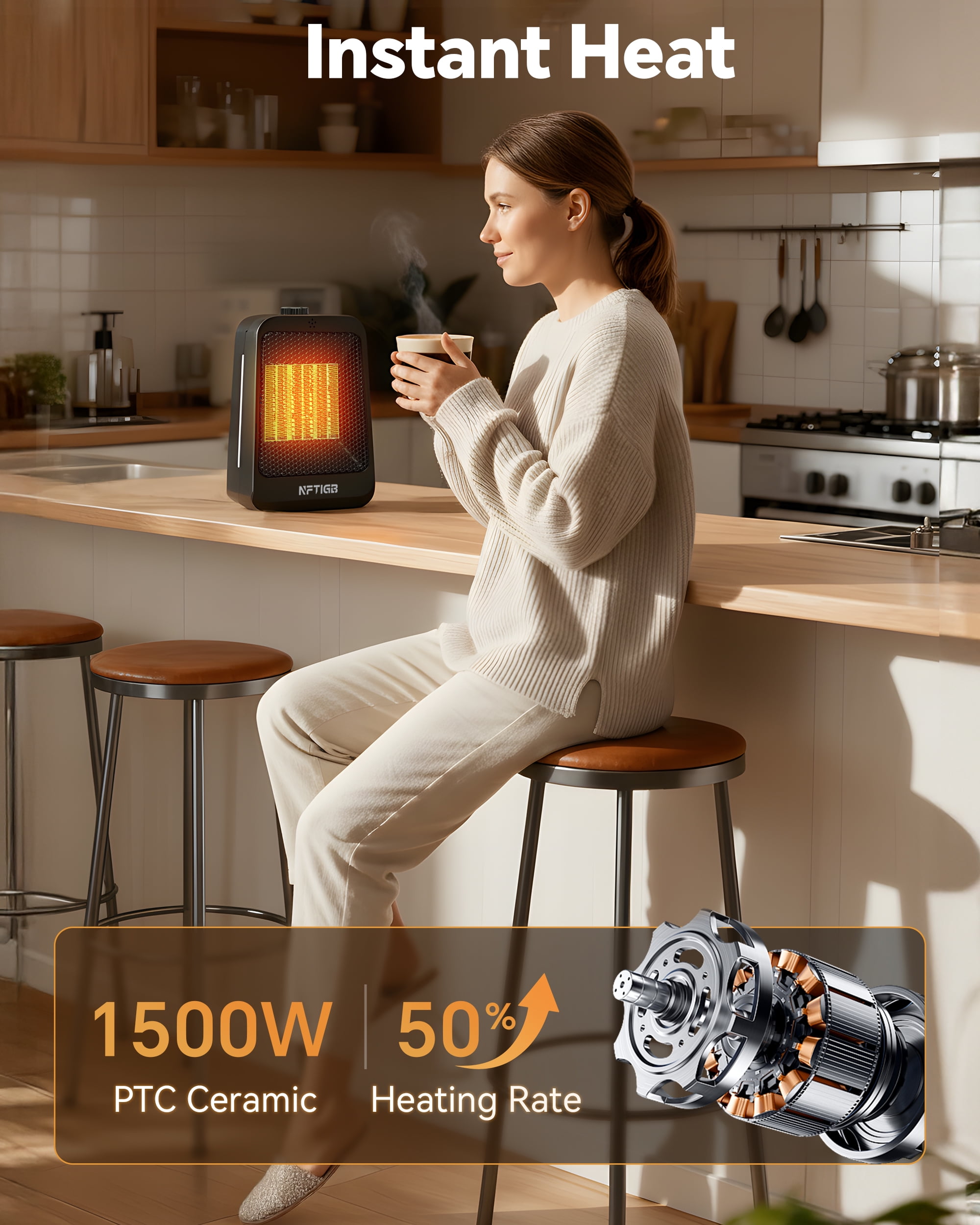 NFTIGB 1500W PTC Ceramic Space Heater, Portable Desktop Electric Heater for Home and Office (Black, 4.33 in x 5.91 in x 9.06 in) 5o5vy