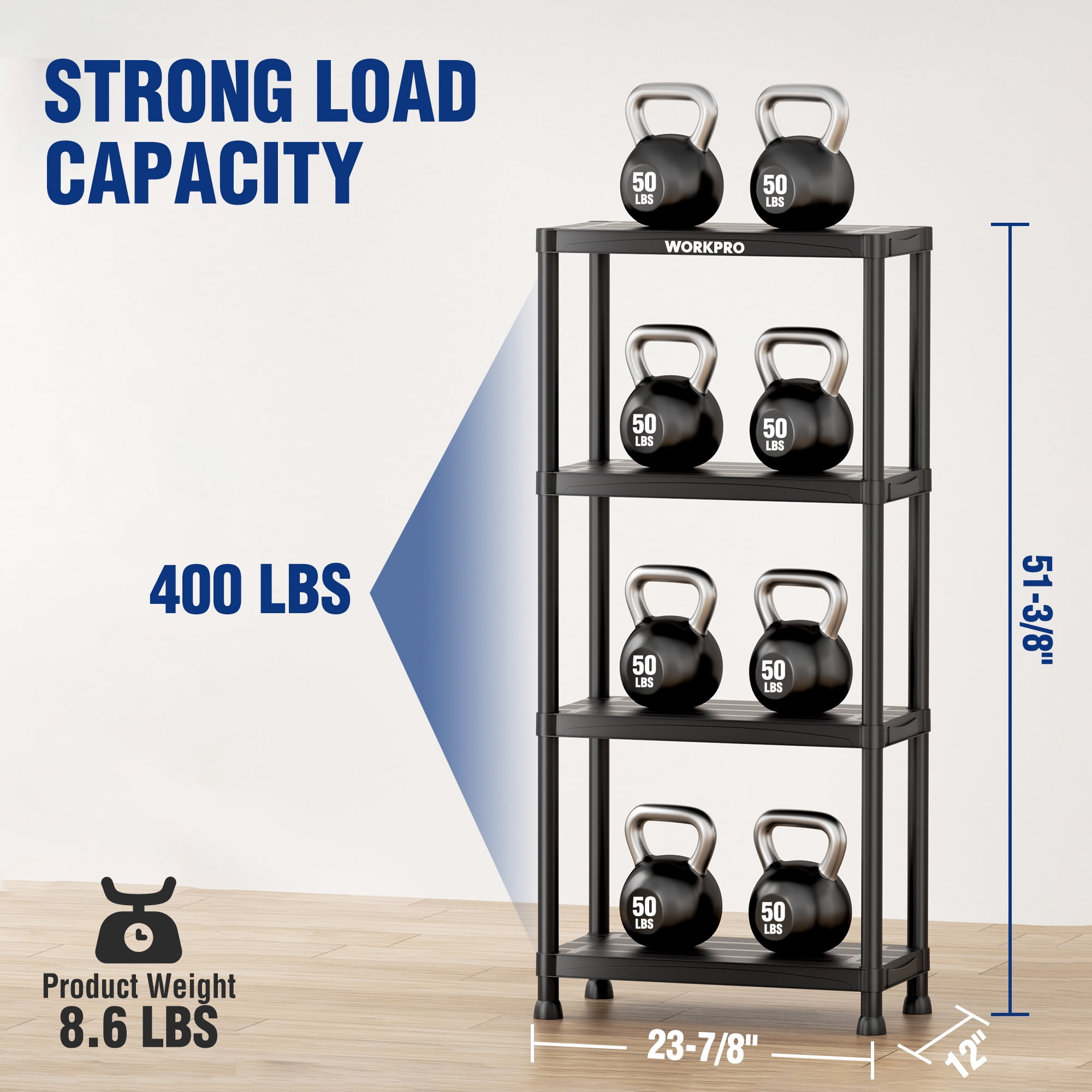 WORKPRO 4-Tier Plastic Storage Shelf, Heavy-Duty Utility Shelving Unit for Garage and Laundry Room (Black, 4-Tier) g6ri7