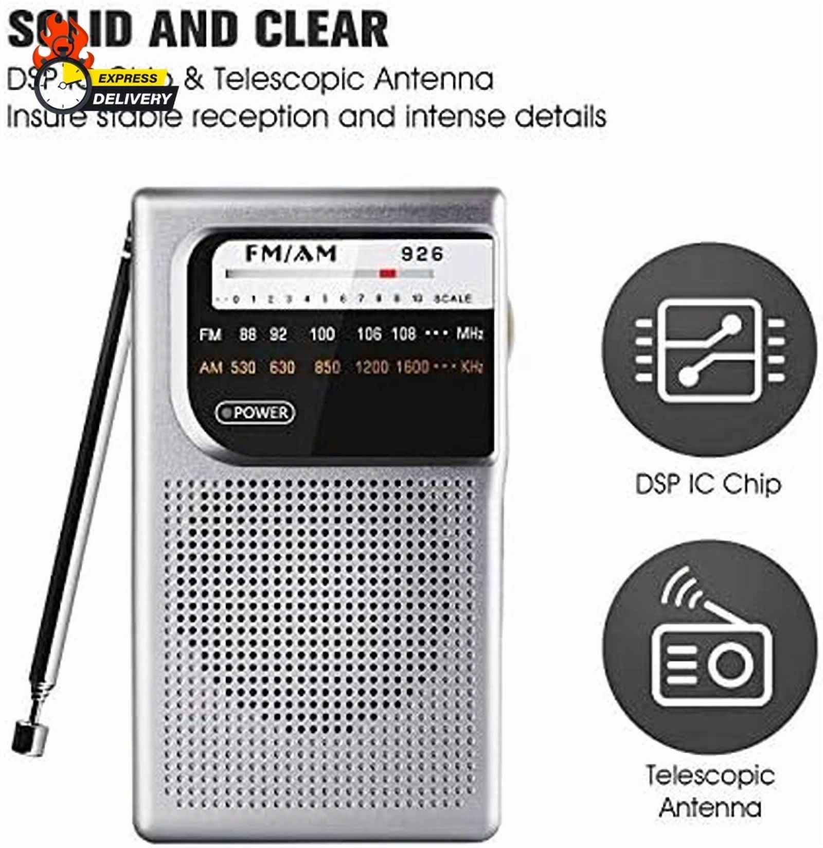 Rhea AM FM Portable Transistor Radio with Built-in Speaker and Headphone Jack (Black, 1 Pack) zul9n