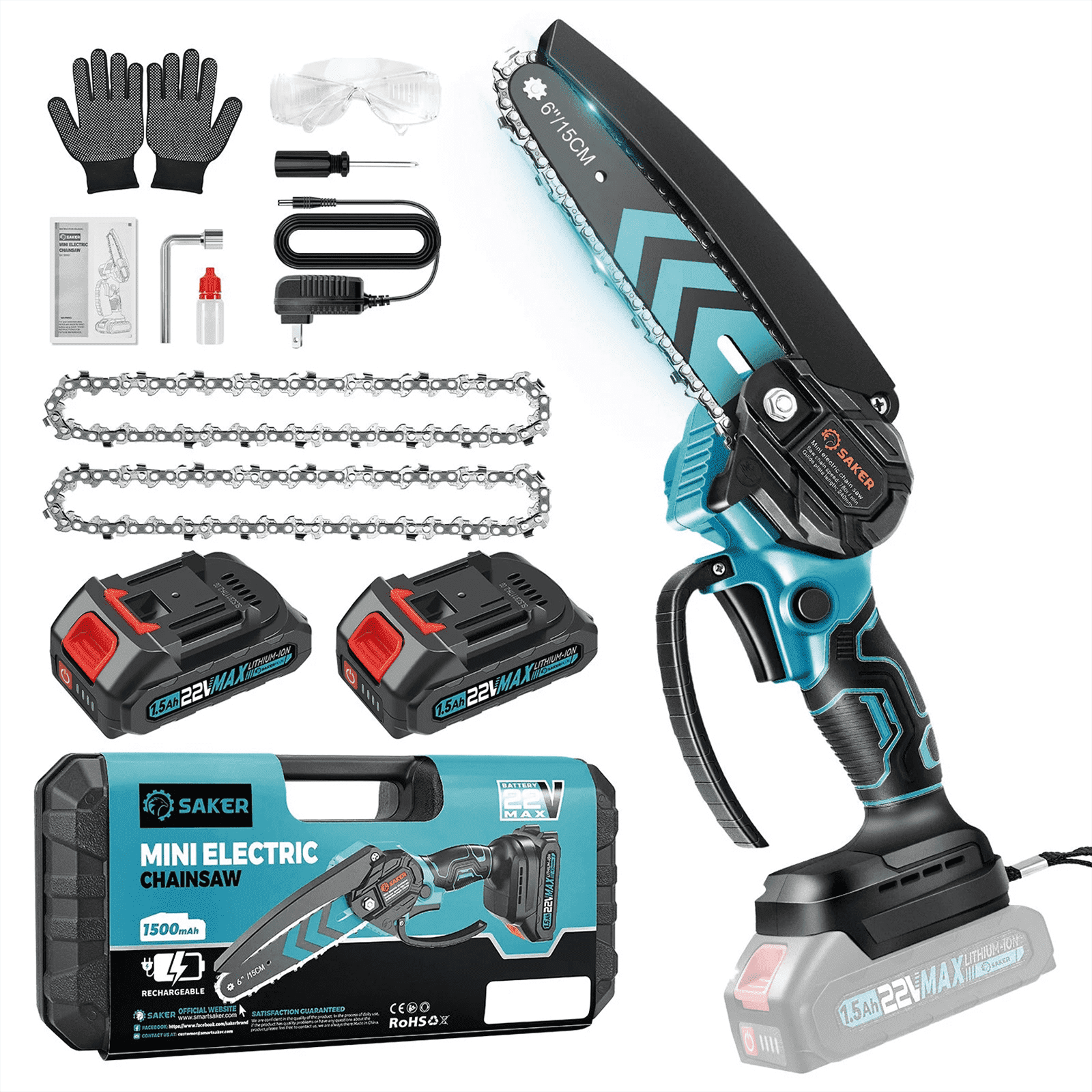Saker 6 Inch Mini Chainsaw Cordless Electric Power Tool for Gardening and Tree Trimming (Blue, 2 Batteries and 2 Chains) qdbz9