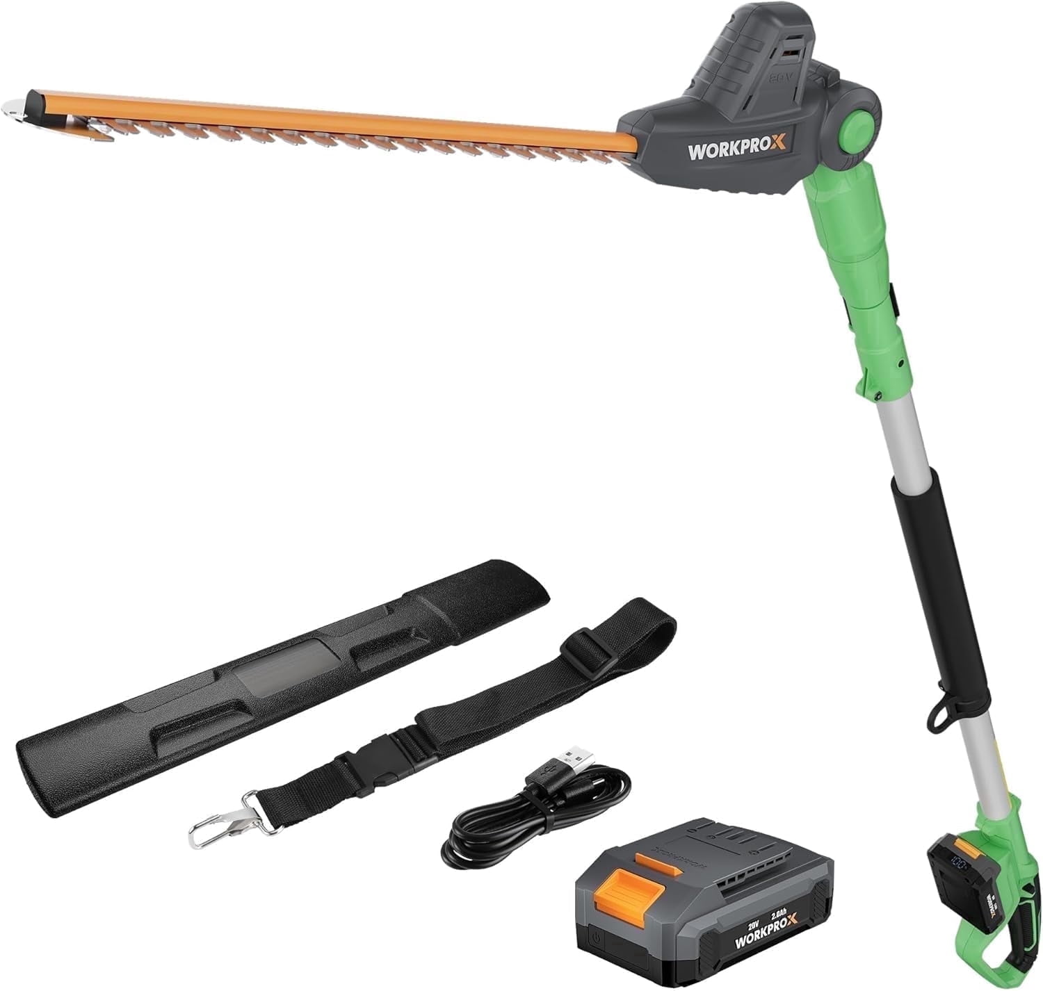 WORKPROX 20V Cordless Pole Hedge Trimmer, Telescoping Extension Pole with 11-Angle Adjustable Head (9.2 ft Reach, 2.0Ah Battery Included) tfzdb
