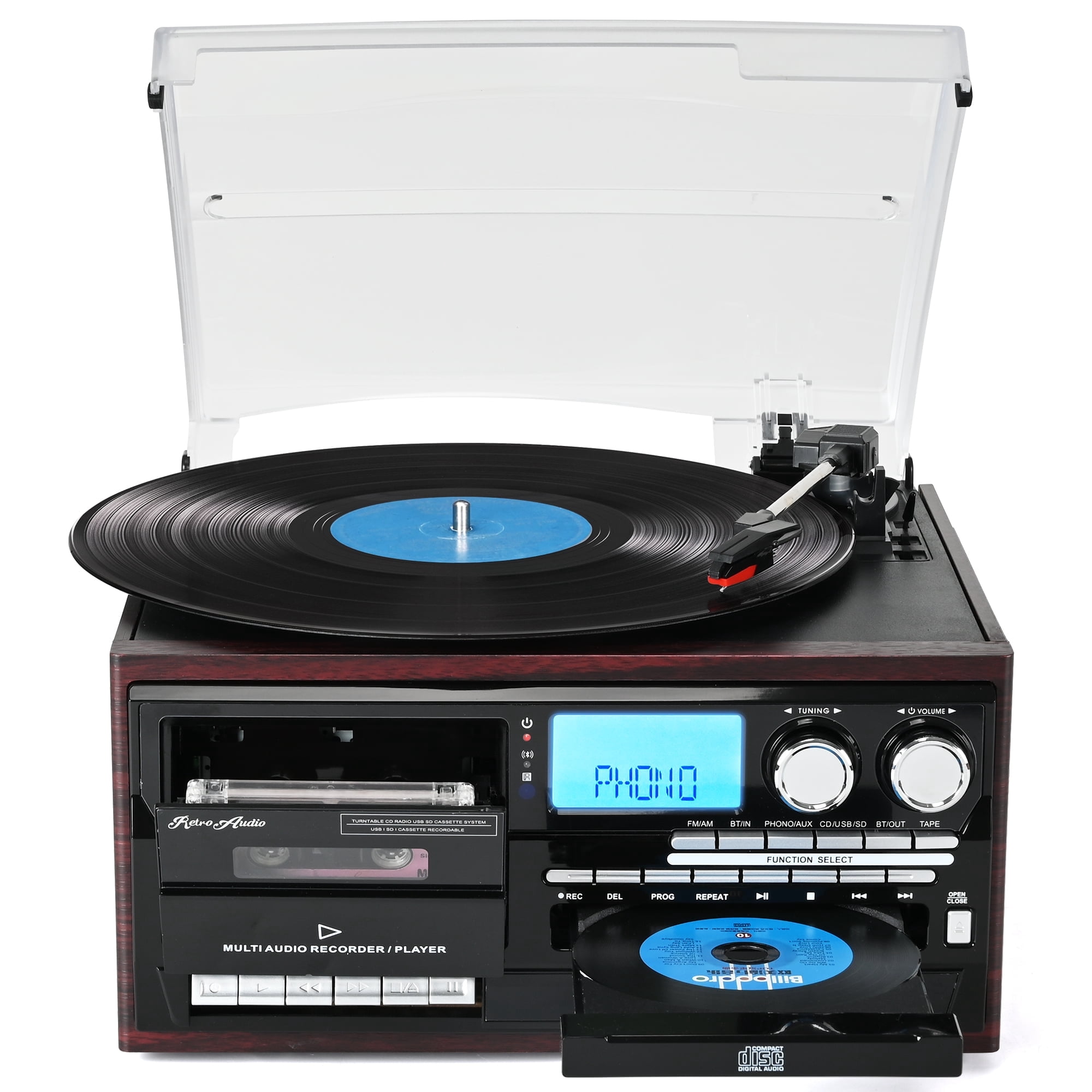 RetroAudio 10-in-1 Vintage Turntable System with Bluetooth, CD, Cassette, AM/FM Radio, and USB Recording (Red) 6i40e