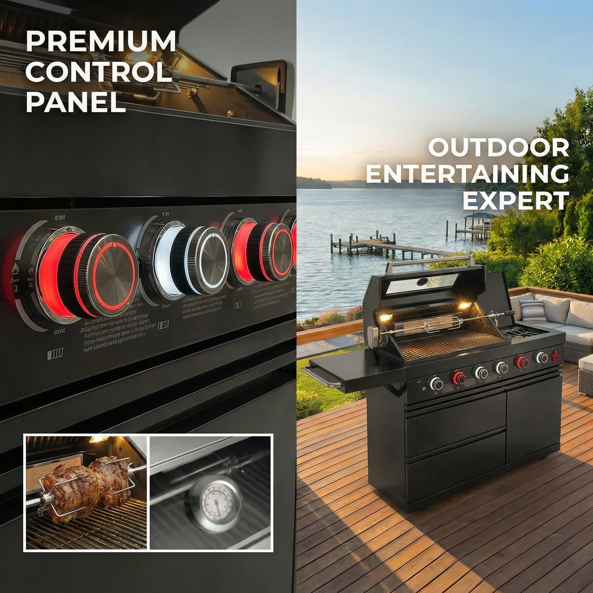 Chery Industrial 46-Inch Outdoor Kitchen Island Grill, 6-Burner Stainless Steel BBQ with Rotisserie Kit & Granite Countertop (Black, 46 in) toiic