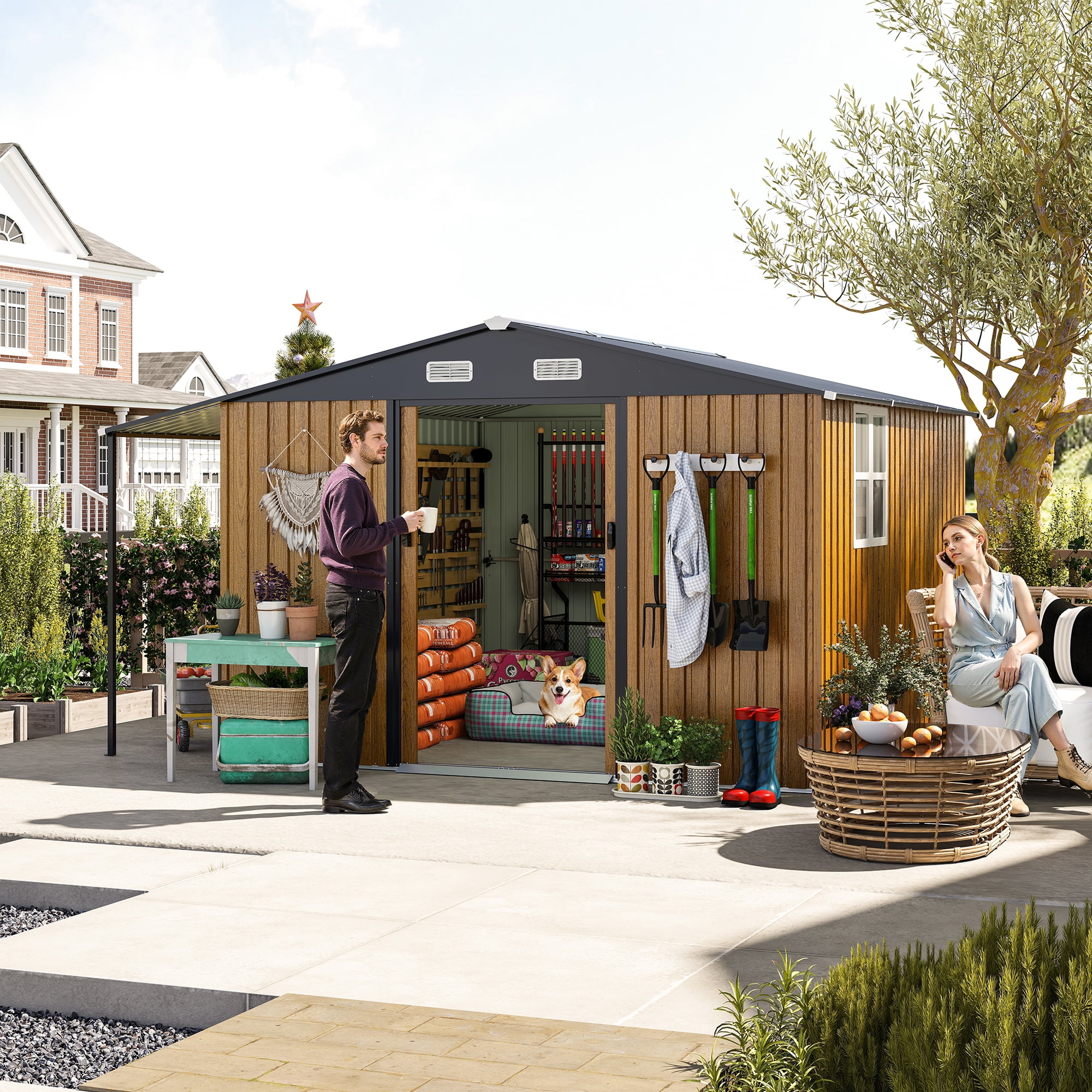 FFZ Outdoor Storage Shed with Firewood Bay and Lockable Doors (Yellow, 10 ft x 12 ft) s7b61