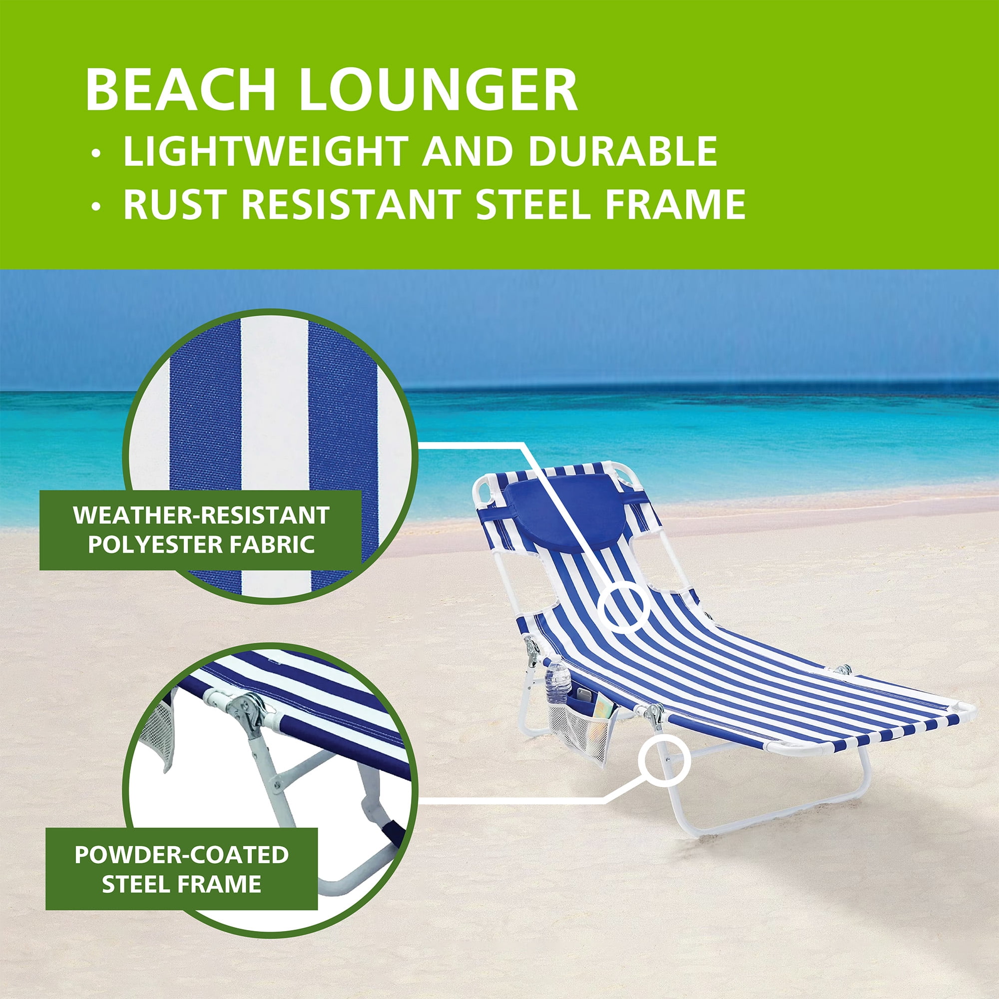 Mainstays Folding Backpack Beach Lounger with Face-Down Design (Blue & White Stripe, 72 in x 22 in) ekohd - Image 5