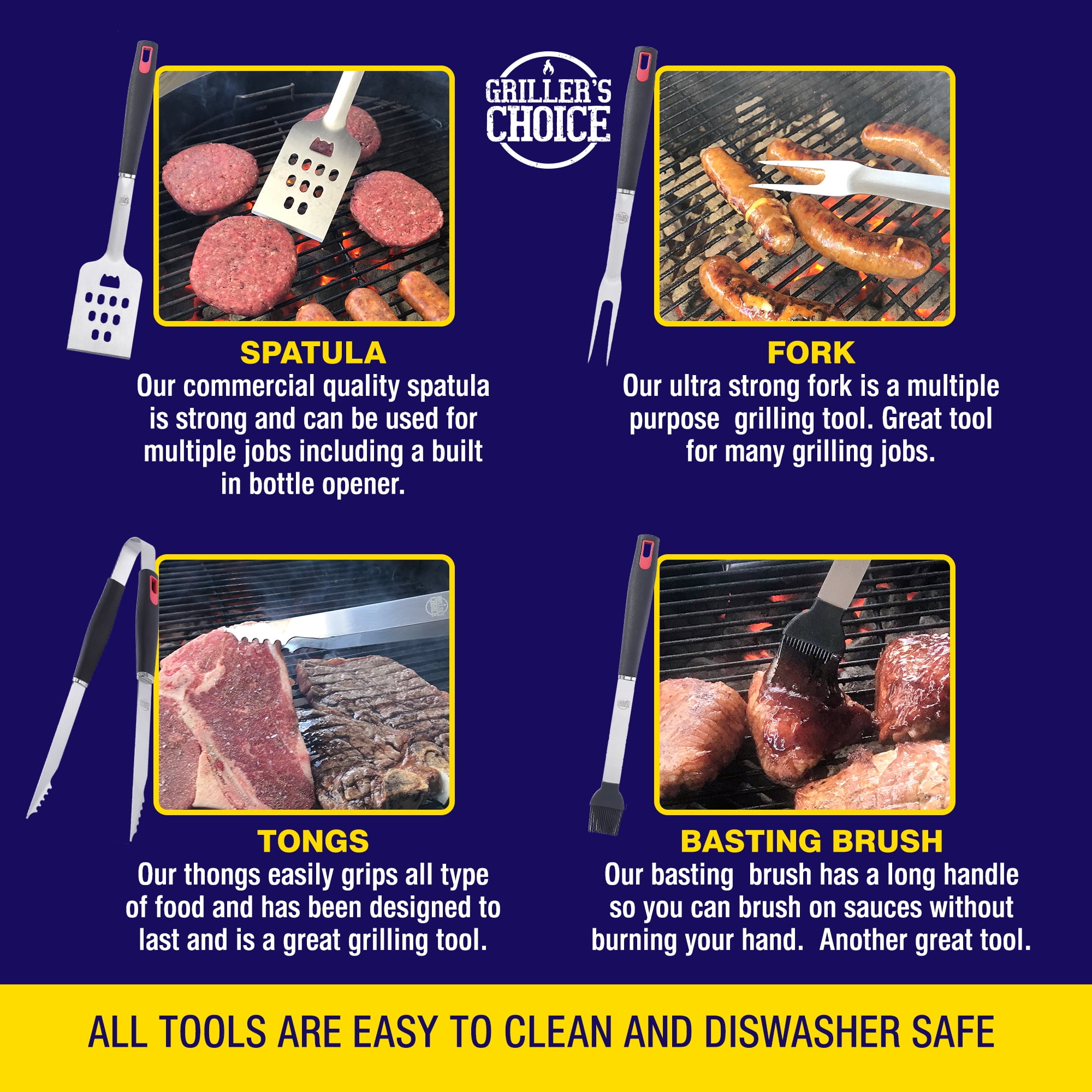 Grillers Choice BBQ Grilling Tool Set, Heavy-Duty Stainless Steel Utensils for Gas and Charcoal Grills (4-Piece Set) h8fih