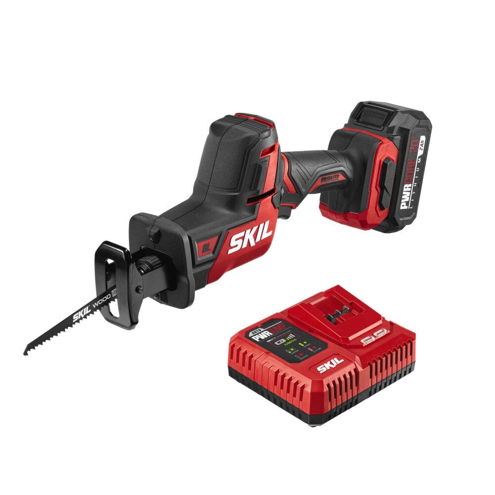 SKIL PWRCORE 20 Brushless Compact Cordless Reciprocating Saw Kit (Red, 2 Ah Battery) 2bnph