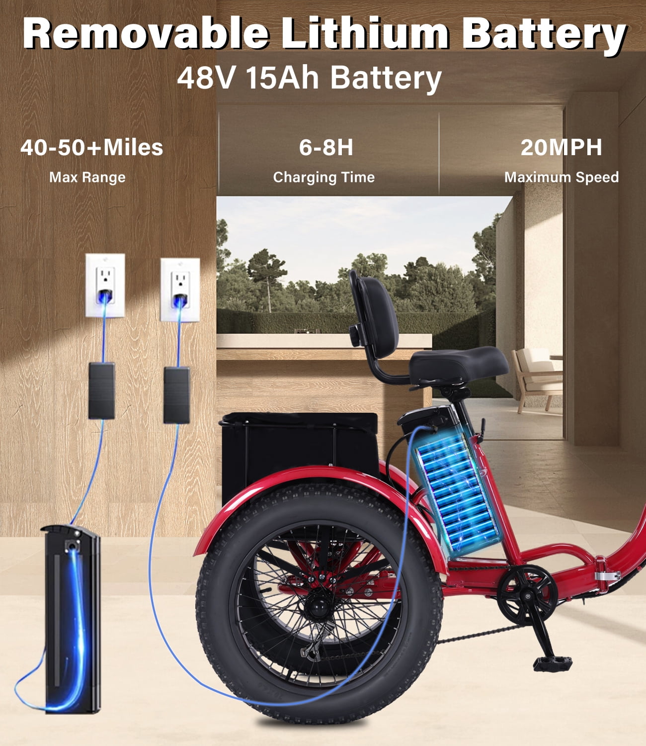EASINGO Electric Tricycle for Adults 500W Motor 7-Speed Fat Tire E-Trike with Rear Basket (Red, 330 lb Capacity) w42tx