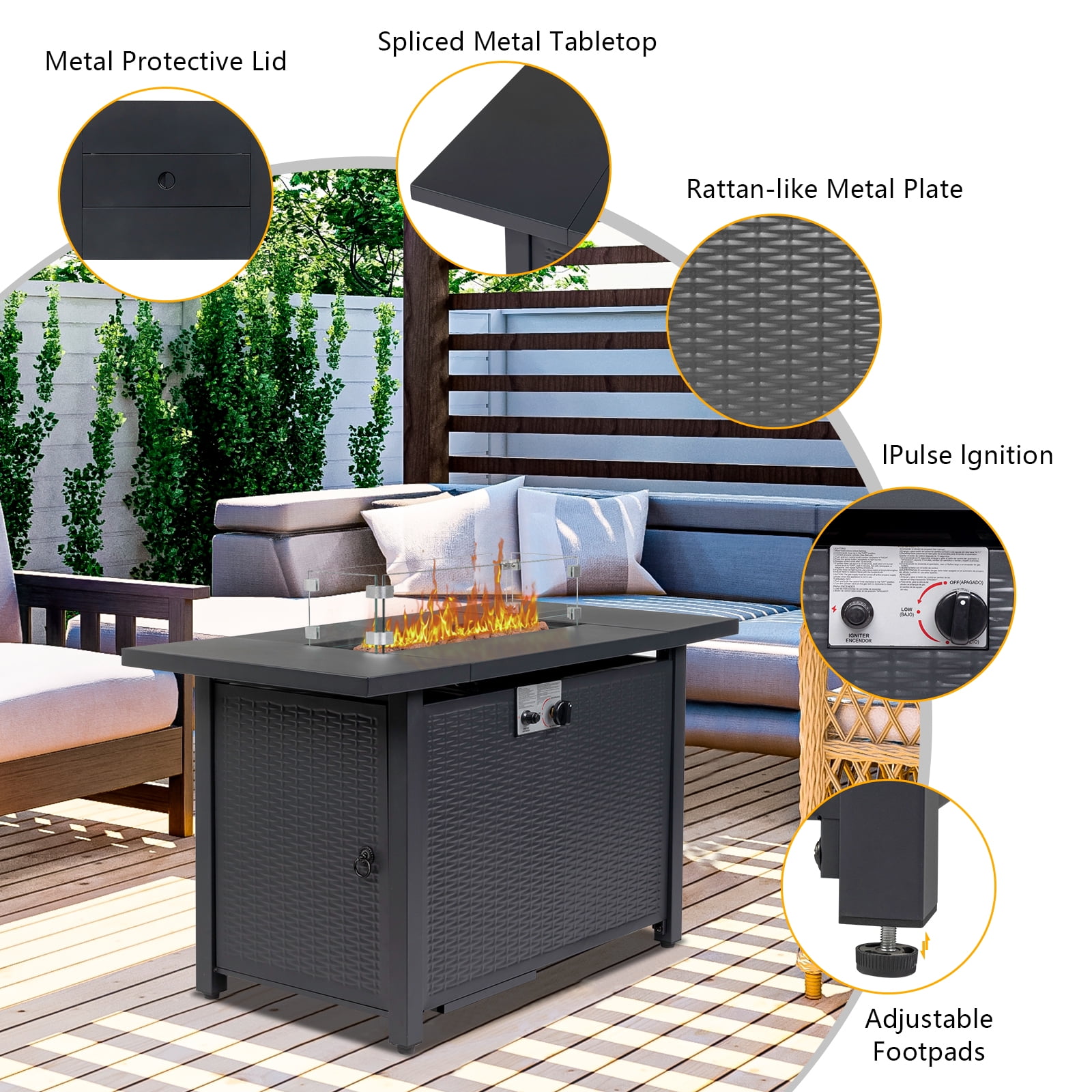 UBesGoo 43 in Propane Gas Fire Pit Table, 50,000 BTU Outdoor Fireplace with Lid and Rain Cover (Black, 43 in) n7zj1