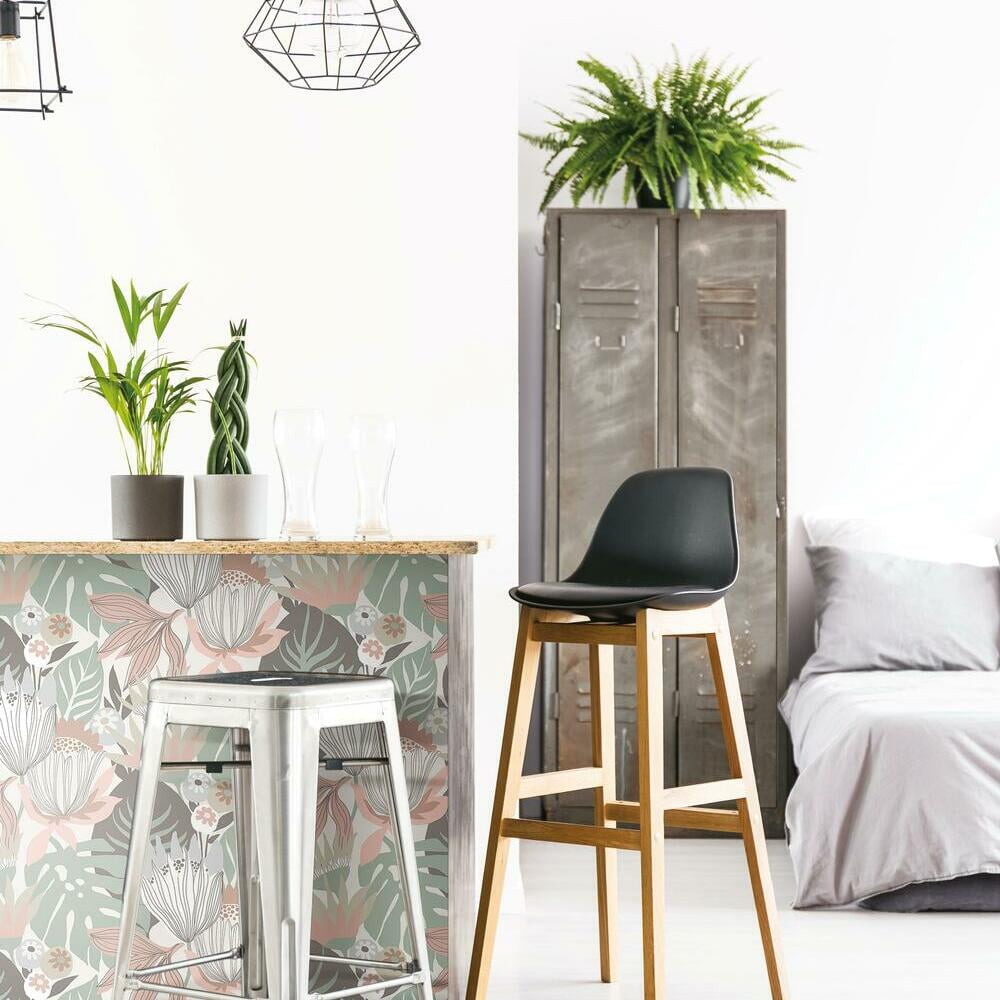 RoomMates Retro Tropical Leaves Peel and Stick Wallpaper (Pink, 20.5 in x 16.5 ft) jncuq