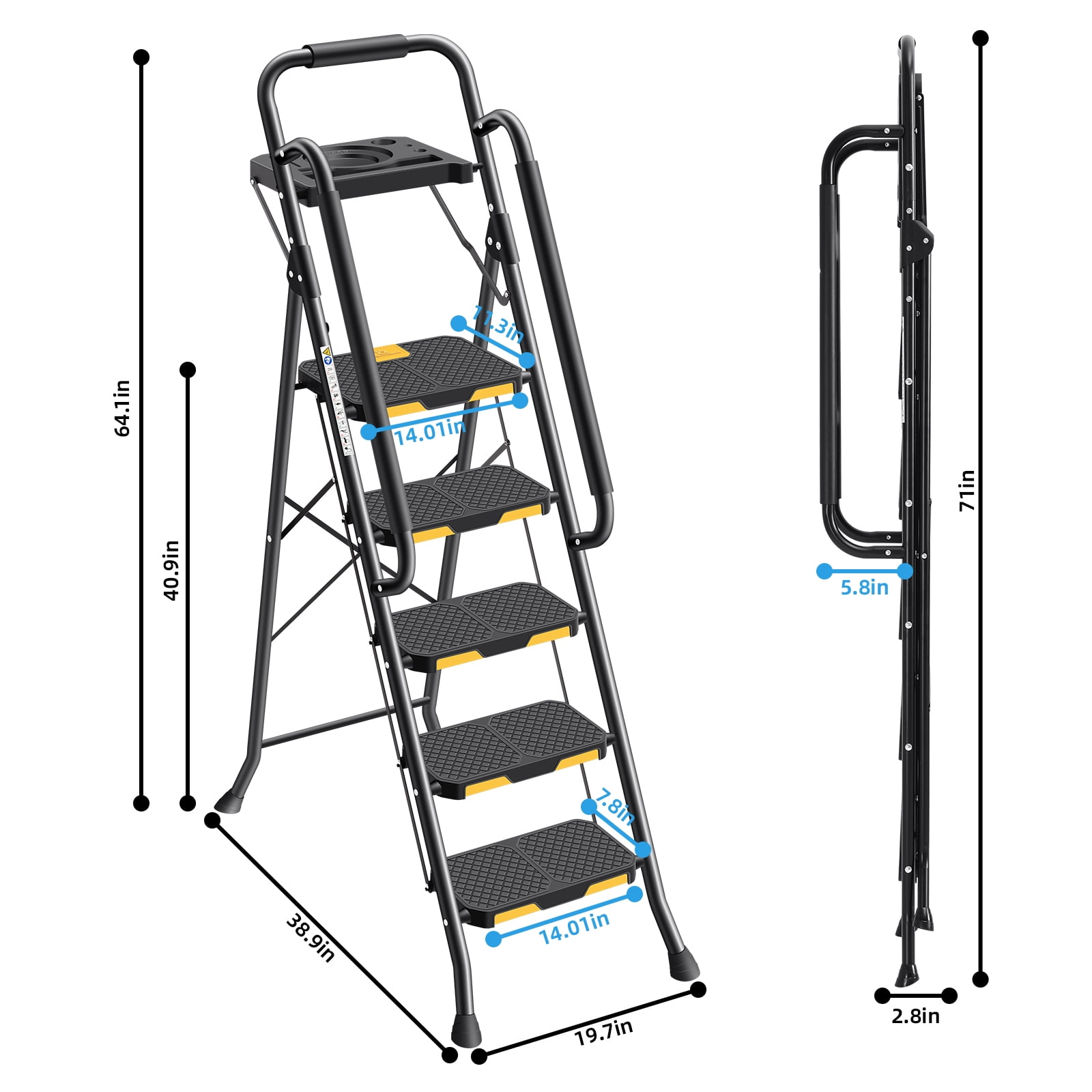 KINGRACK 5 Step Folding Ladder, Heavy-Duty Steel Step Stool with Tool Tray and Anti-Slip Pedals (Black, 800 lb Capacity) mvhq5