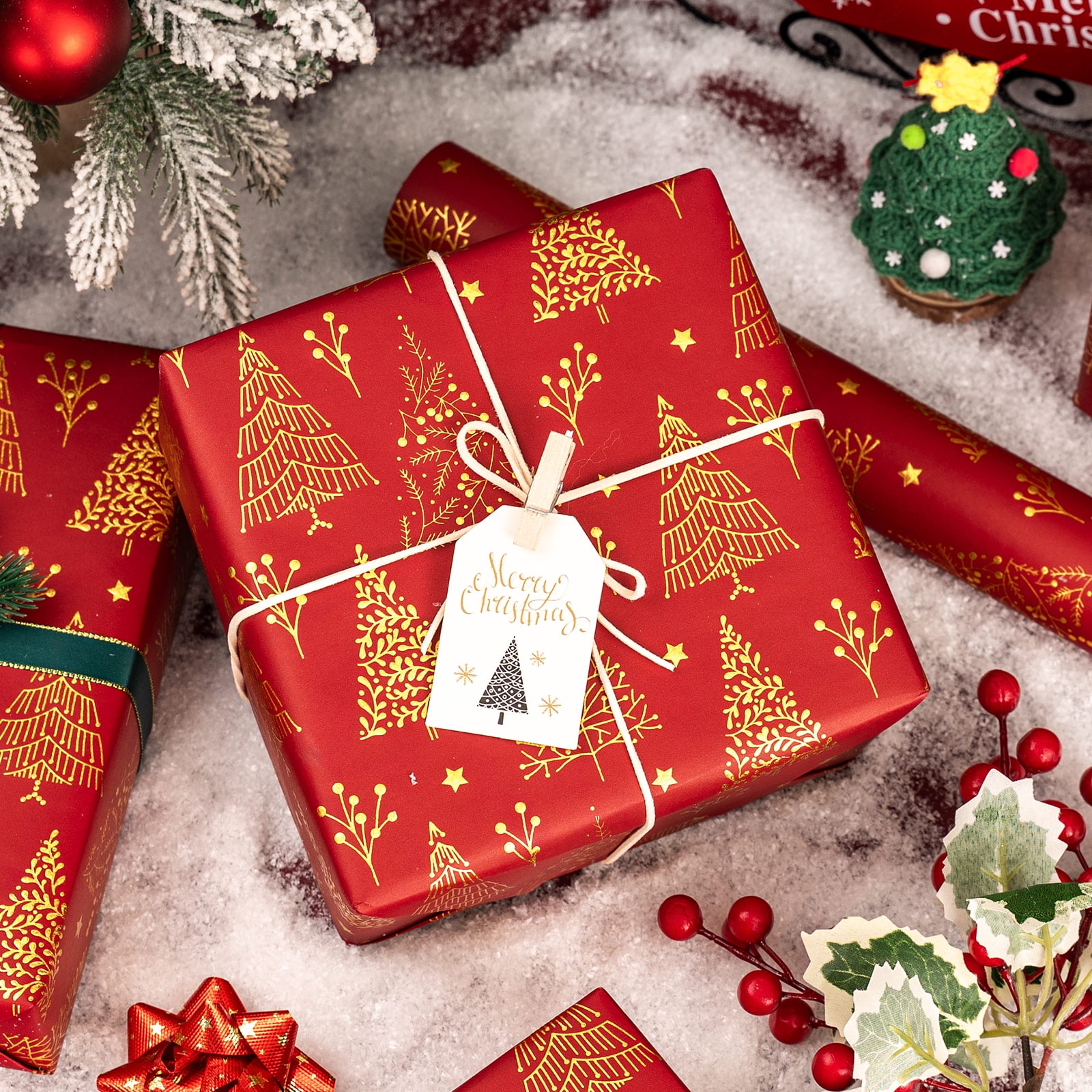 HOMERAL Christmas Wrapping Paper Roll (3D Embossed Metallic Foil Design, Red, 17 in x 33 ft) w29yq