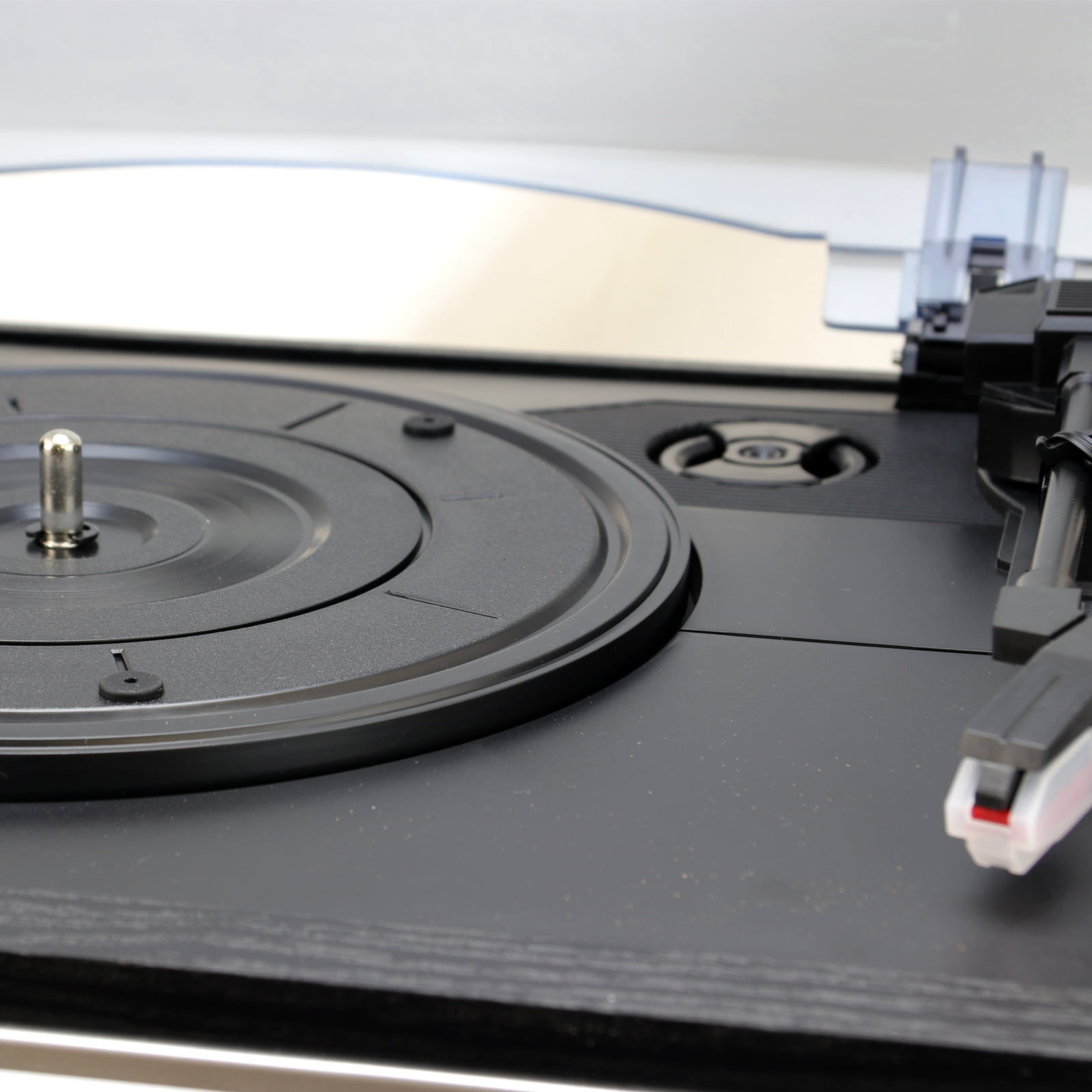 Trexonic 3-Speed Turntable with CD Player, FM Radio, Bluetooth, and Wired Shelf Speakers (Black, 1 Unit) dyqdq