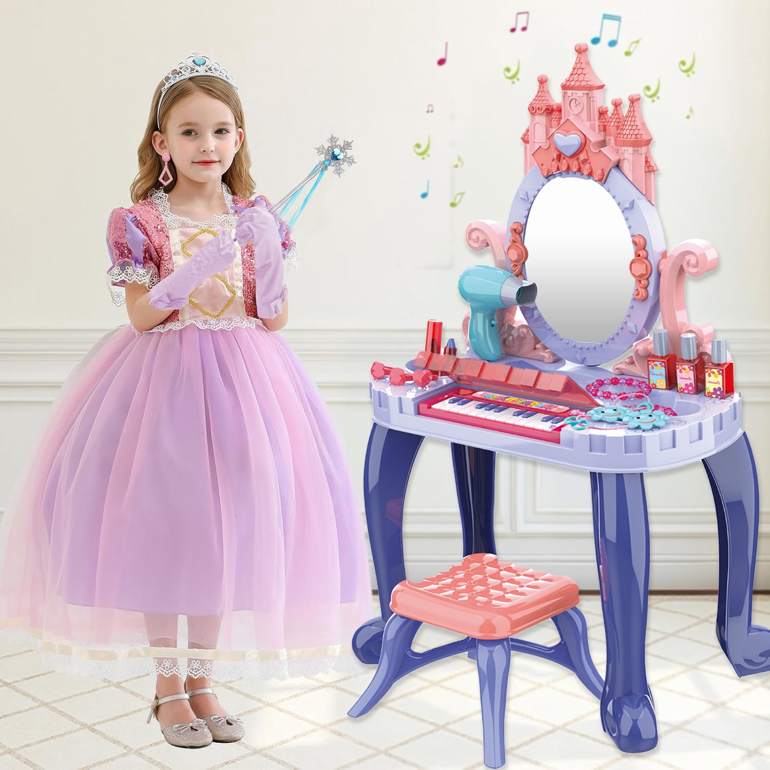 LINXUXIE Toddlers Vanity Dresser Play Set with Musical Piano and Pretend Makeup Accessories (Blue, 21-Piece) b383u