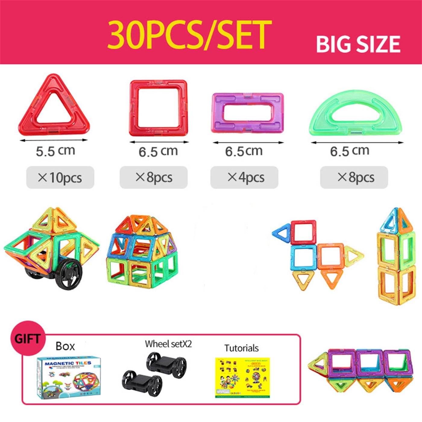 Bexikou Magnetic Building Blocks Educational Construction Set (Multicolored, 30 Piece Set) kh44y