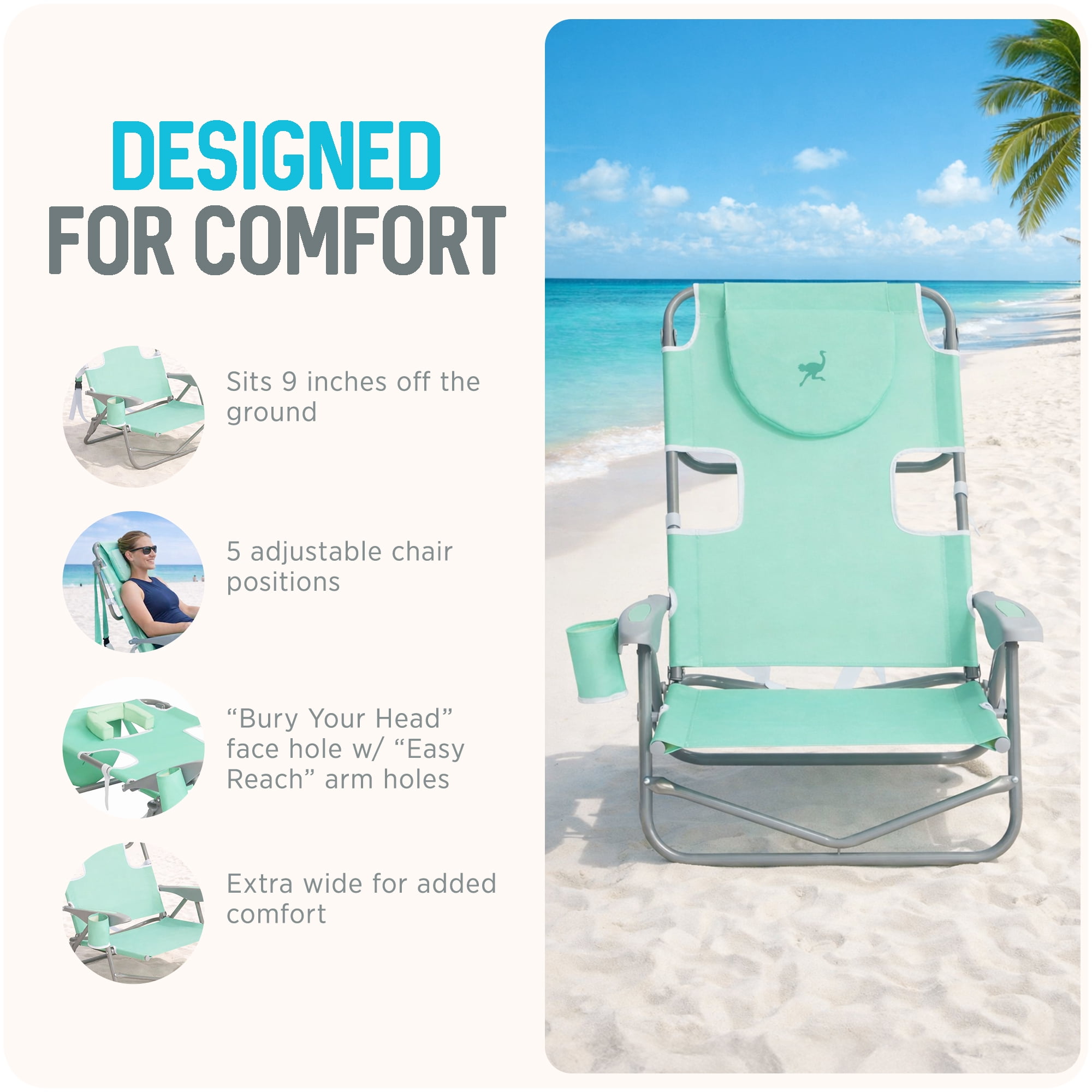 Ostrich On-Your-Back Outdoor Reclining Beach Chair with Face Cavity (Teal, 46 in x 27 in) q99kn