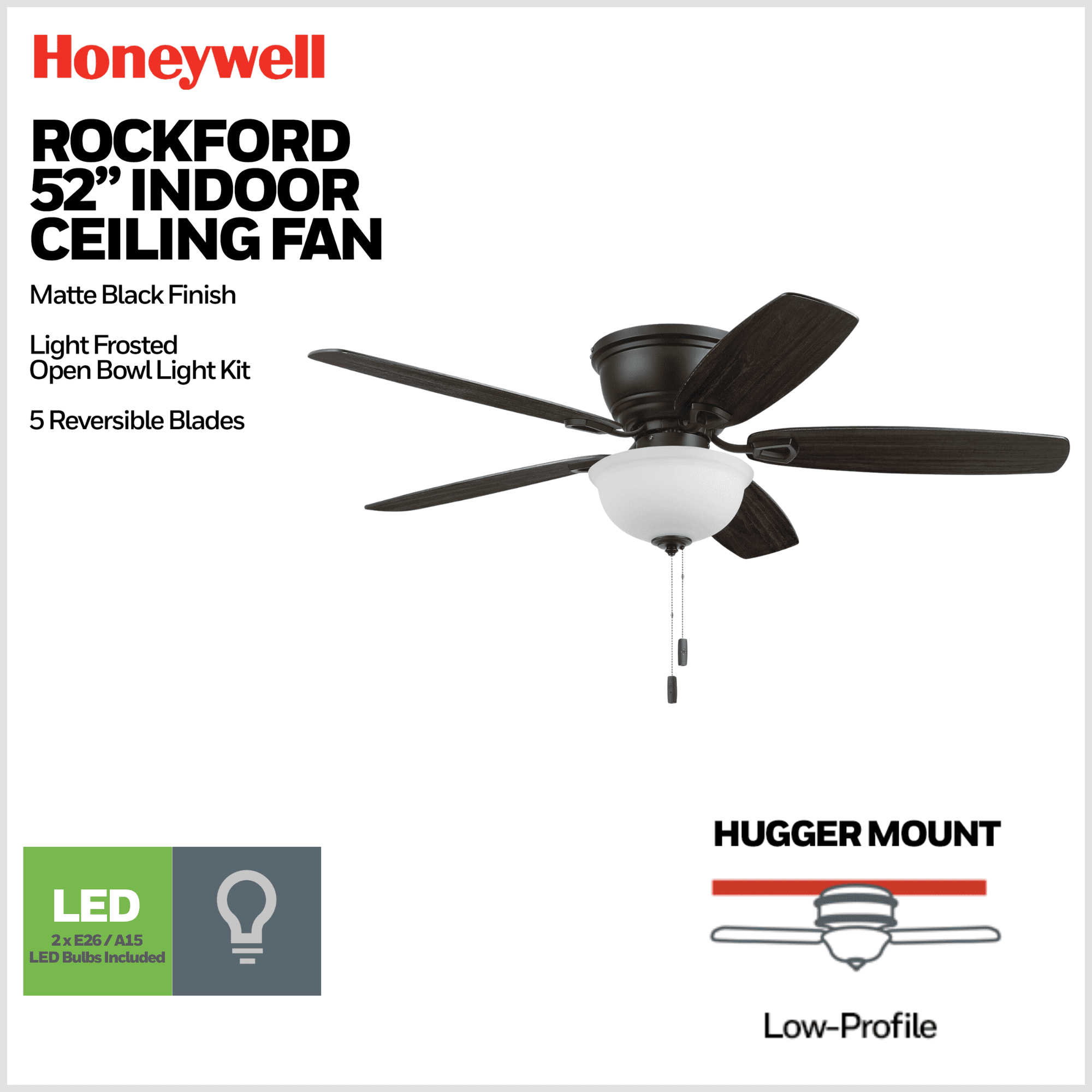Honeywell Rockford 52 in Traditional Indoor Ceiling Fan with Light, Reversible Motor (Black, 52 in) 205xn