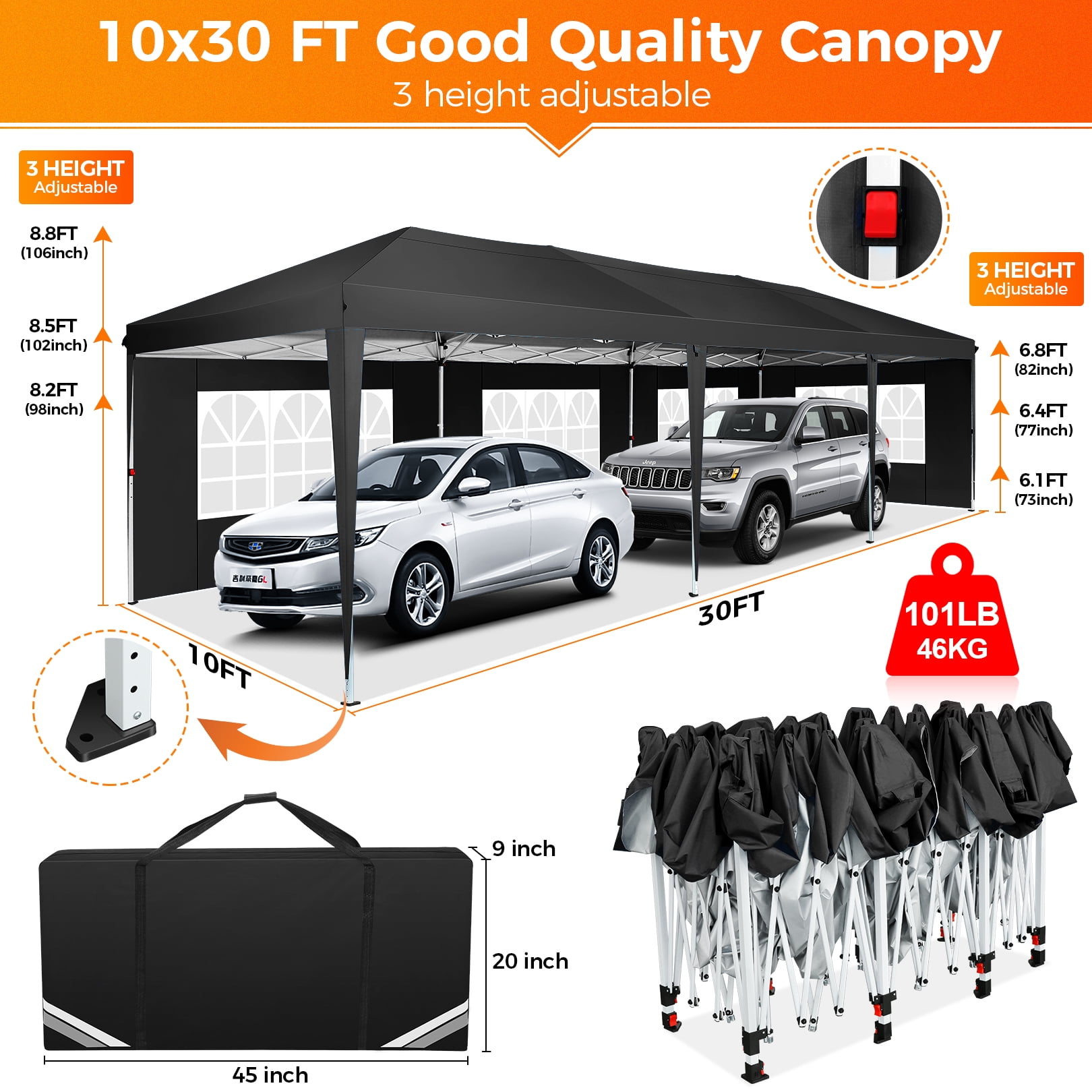SANOPY 10 x 30 ft Pop Up Canopy Tent, Heavy-Duty Commercial Outdoor Shelter with 8 Removable Sidewalls and Carrying Bag (Black, 10 x 30 ft) oep66