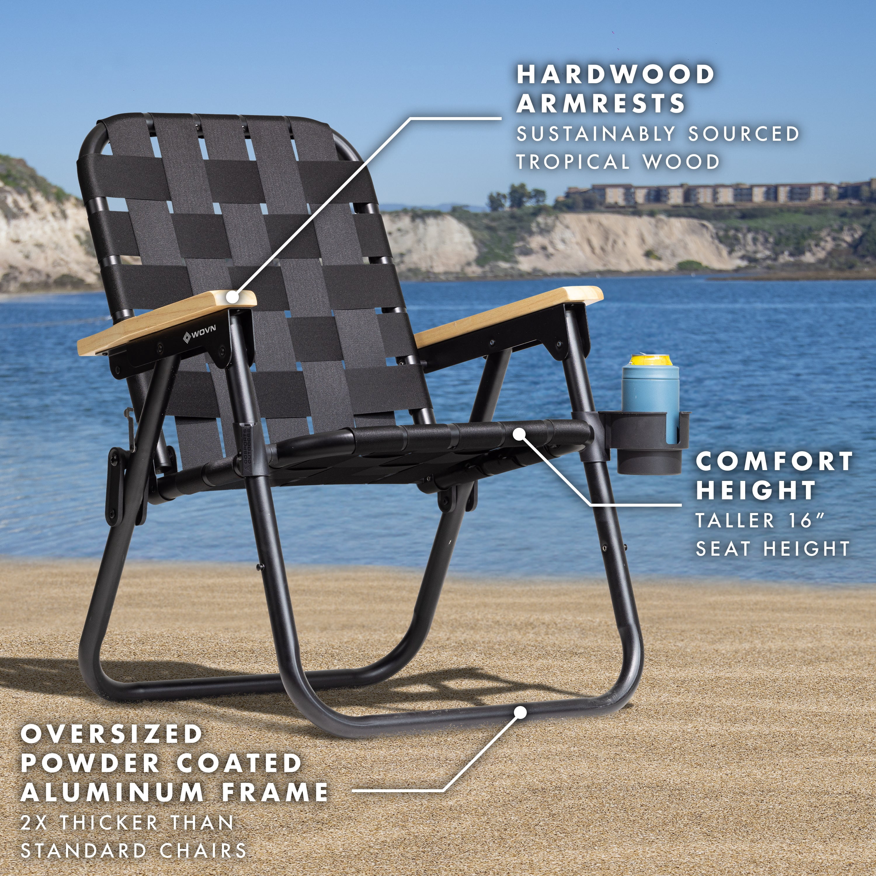GoSports WOVN Beach Backpack Chair, Premium Folding Camping Chair with Hardwood Armrests (Black, 16 in Seat Height) ioncb
