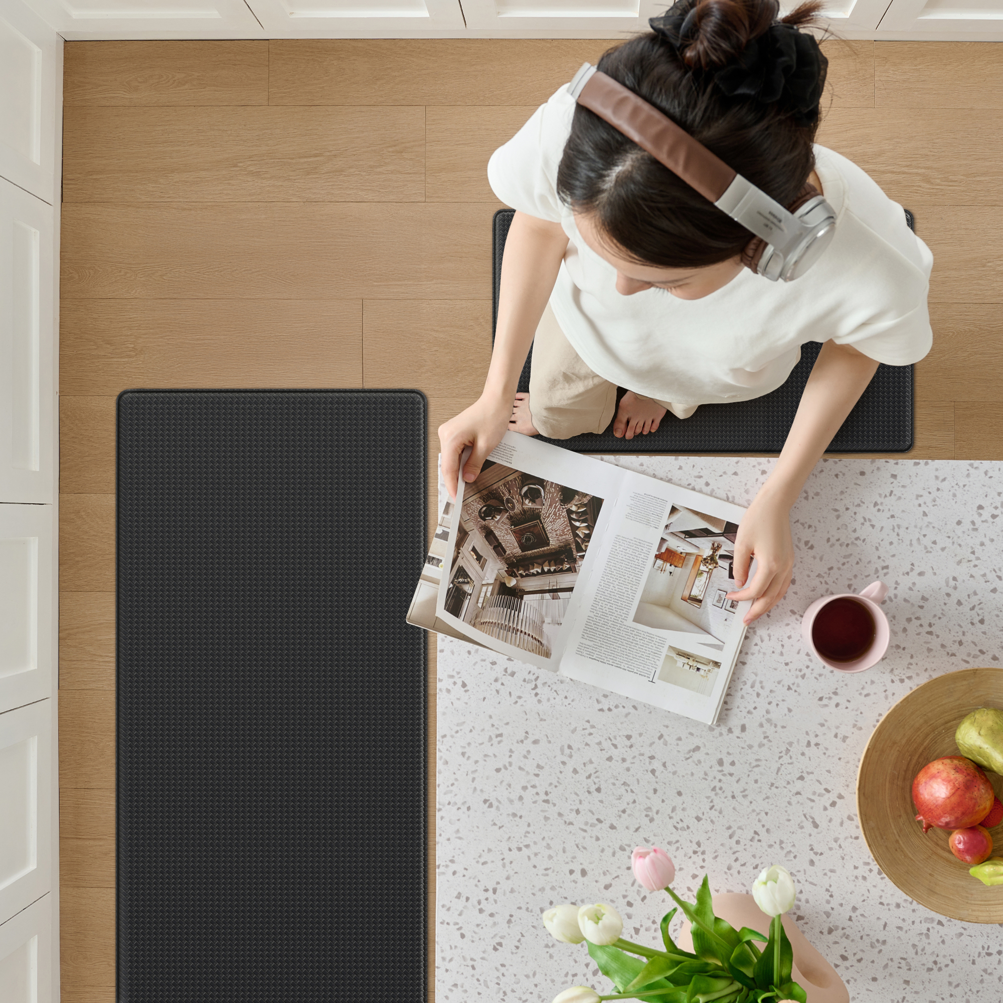 Galmaxs7 Anti-Fatigue Kitchen Floor Mat Set, Non-Slip Waterproof Standing Rugs for Home Office (Black, 17 in x 29 in and 17 in x 47 in) ypp9j