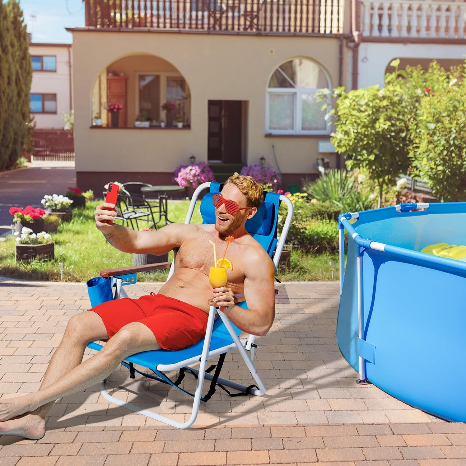 Generic Portable Folding Beach Chair with Adjustable Headrest and Cup Holder (Blue, 30 in x 23 in x 25 in) yyqbv