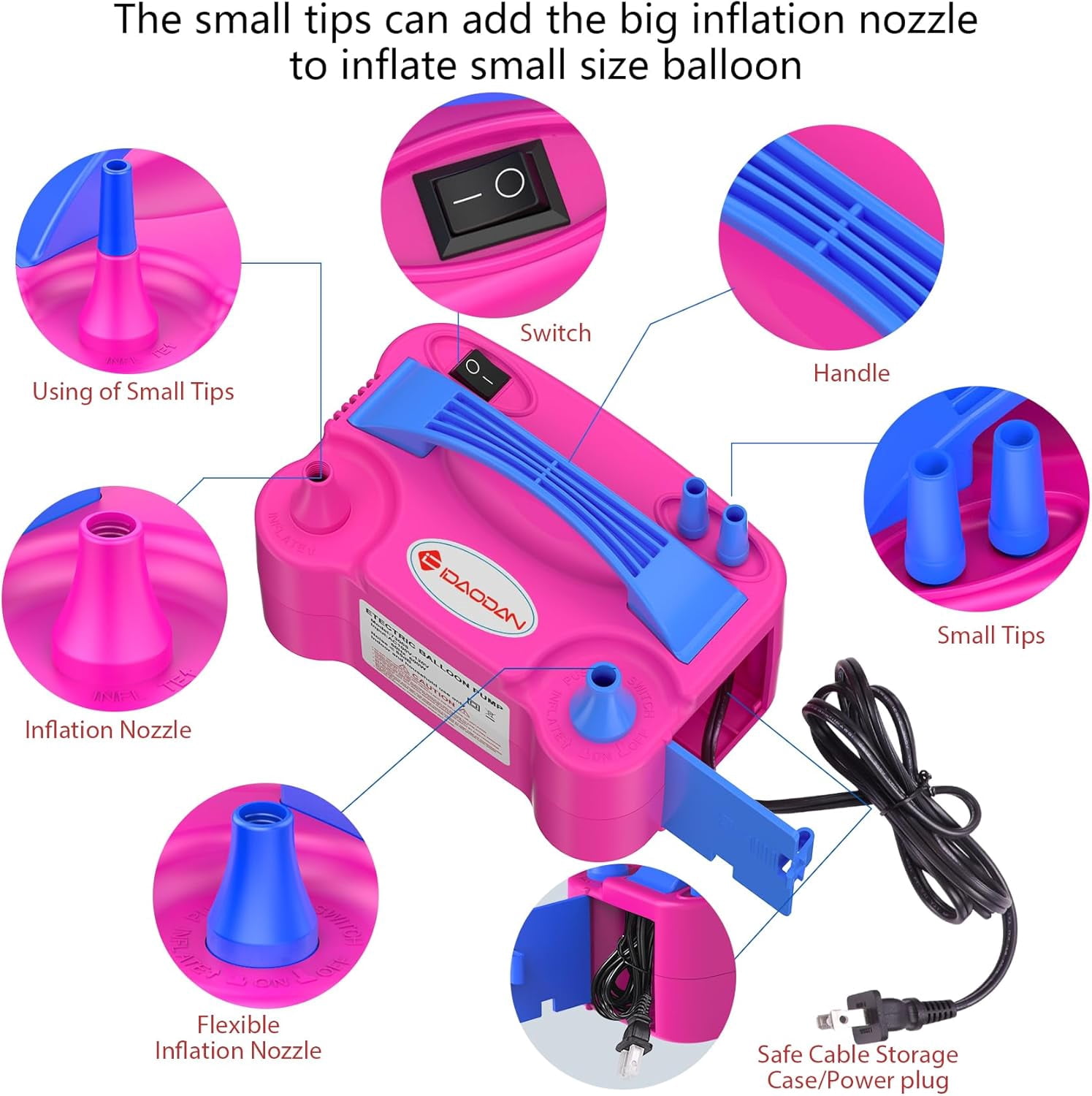 IDAODAN Electric Balloon Pump, Dual Nozzle High-Speed Air Inflator for Party Decorations (Red) zn2jk
