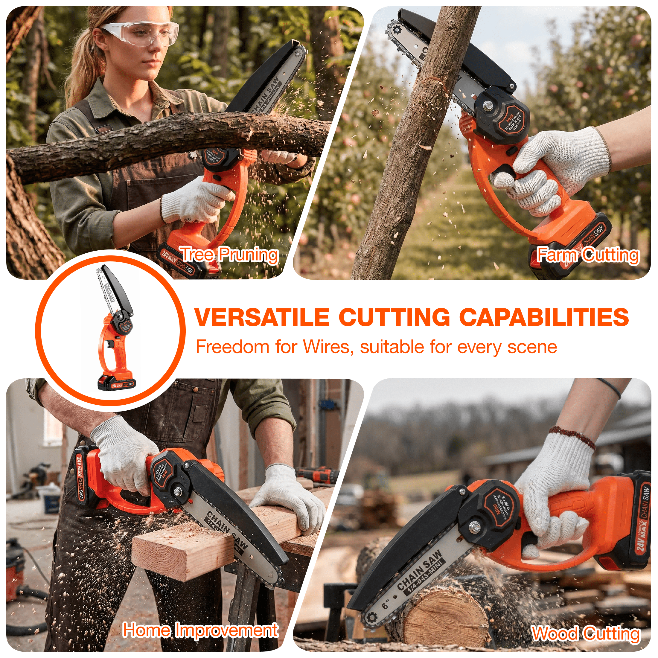 Nexpow 6 in Cordless Mini Chainsaw, Electric Handheld Wood Cutter with 2 Batteries and 2 Chains (Orange, 6 in) 5t4sq