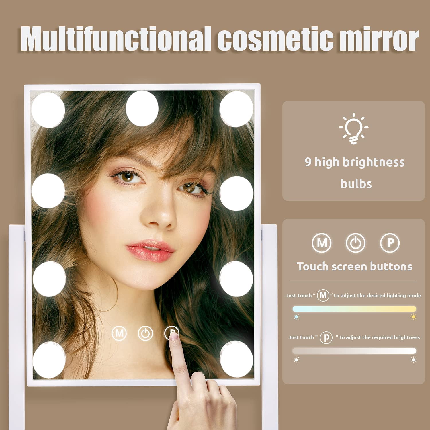 Fenchilin Vanity Makeup Mirror with Lights, 360 Degree Swivel Tabletop Mirror, Adjustable Brightness & 3 Color Modes (White, 12 in x 14 in) 0yz6e