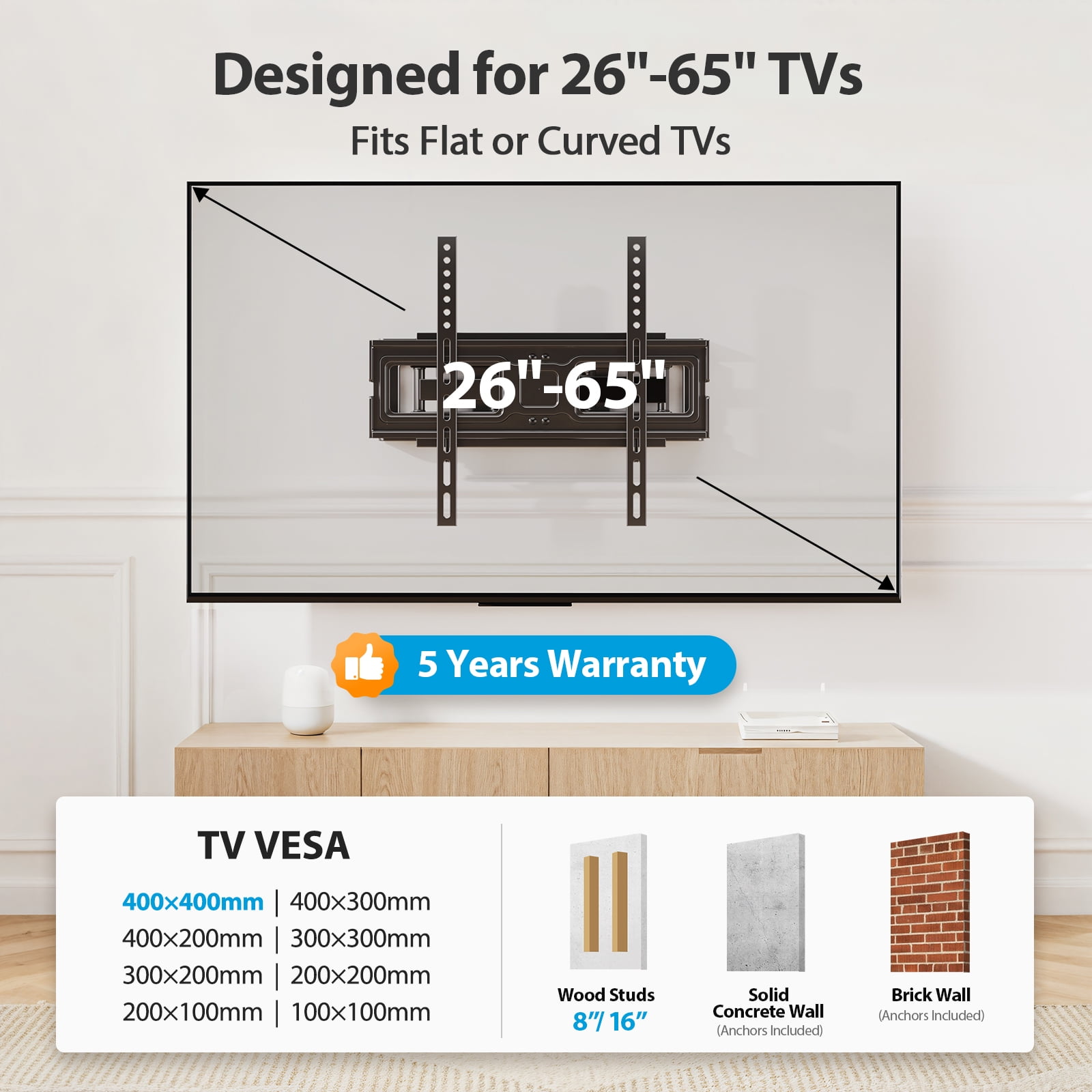 MountFTV Full Motion TV Wall Mount for 26-65 inch Screens (Heavy-Duty, 110 lb Capacity) dnqch