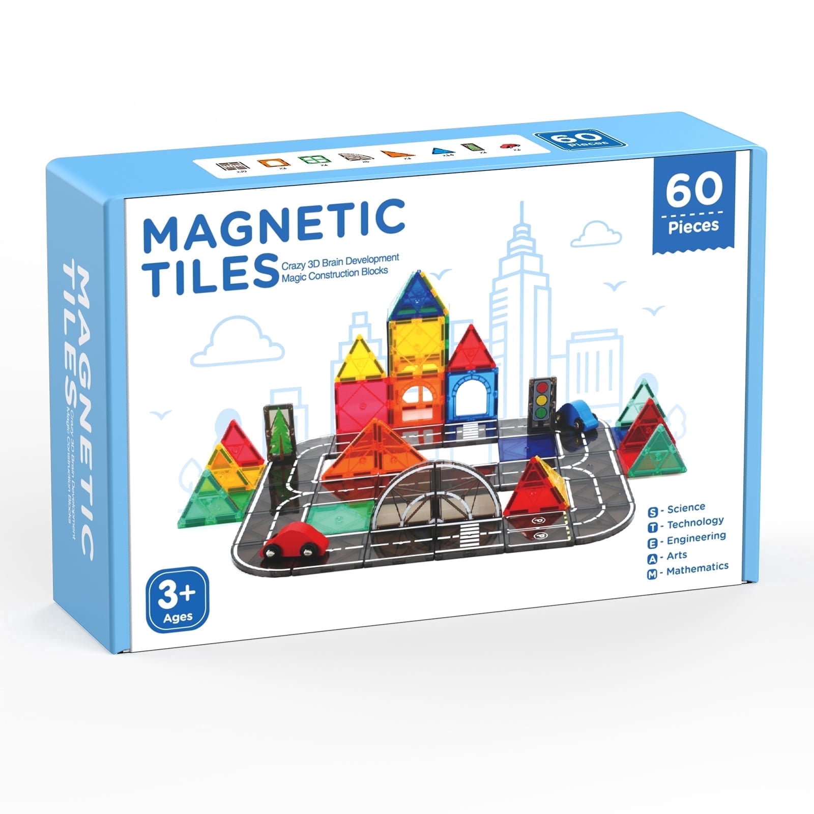 FunMagic Magnetic Tiles Road Set, STEM Building Blocks with 2 Cars, Creative City Construction Toy (Black, 60 Pieces) l1m5x