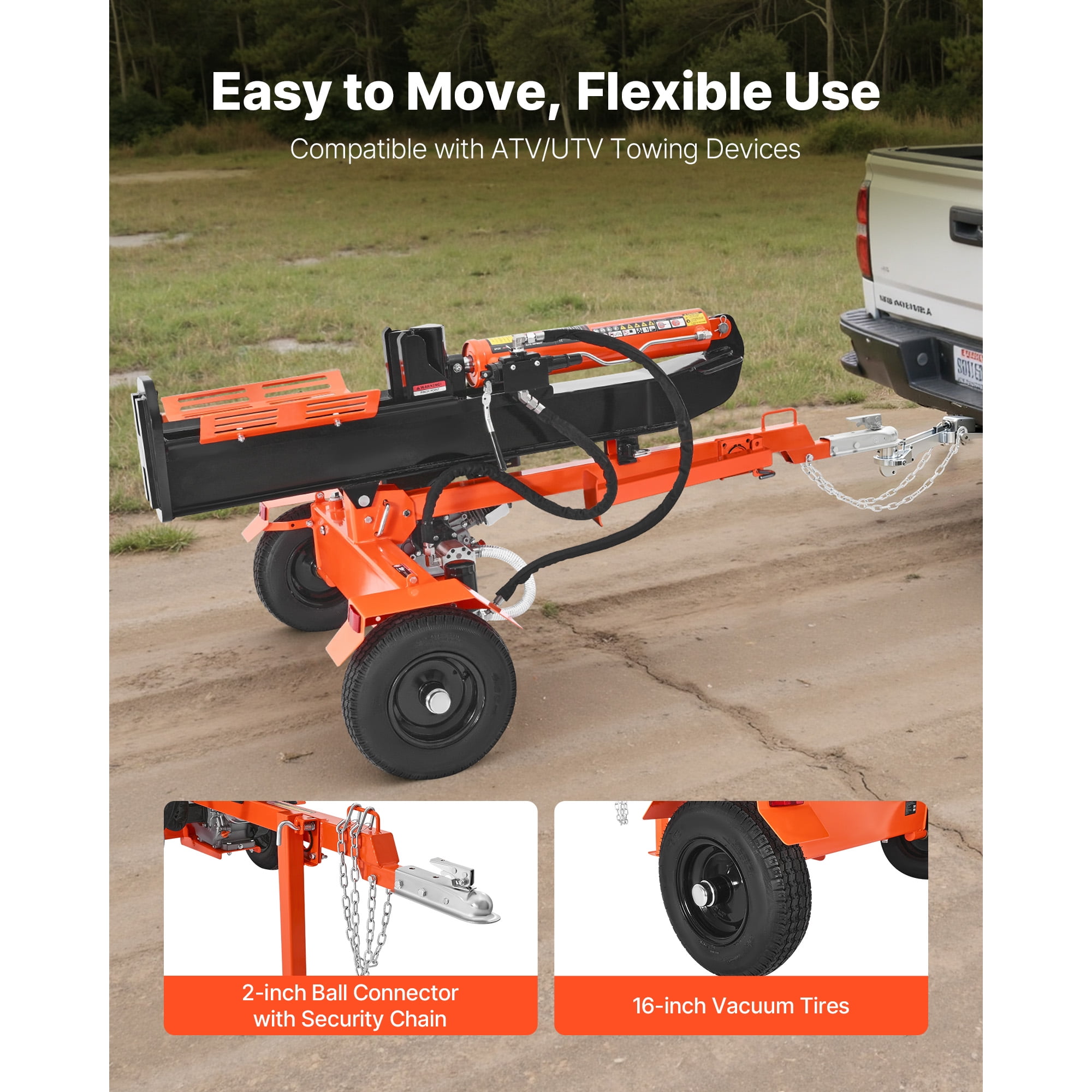 KFFKFF 30-Ton Gas Log Splitter, 306CC Engine, Hydraulic Wood Splitting Machine with 2-in Ball Coupler (Orange, 24-in Log Capacity) mlmga