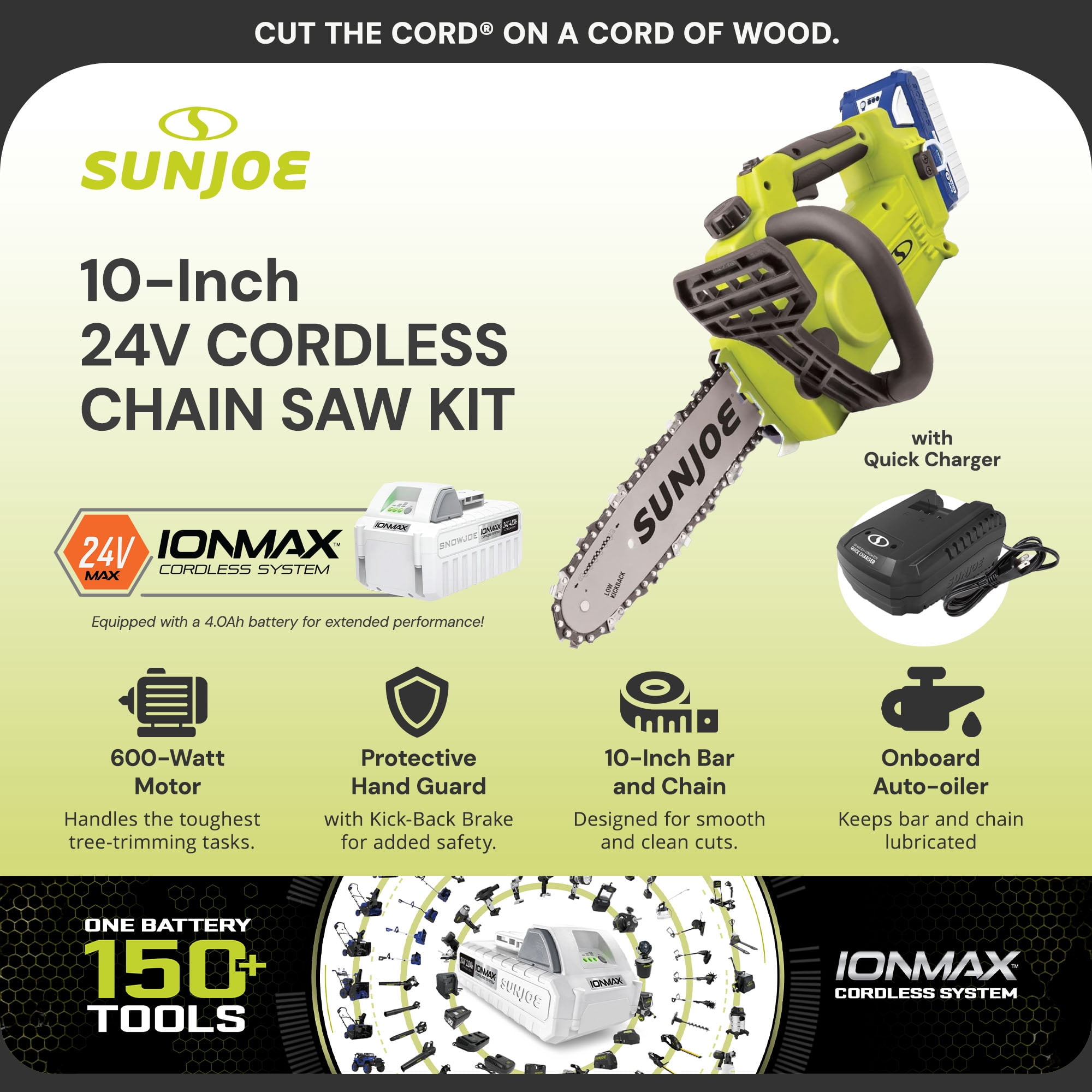 Sun Joe 10 in Cordless Chainsaw, 24V Wood Cutting Tool Kit with Battery and Charger (Green, 10 in) ync1r