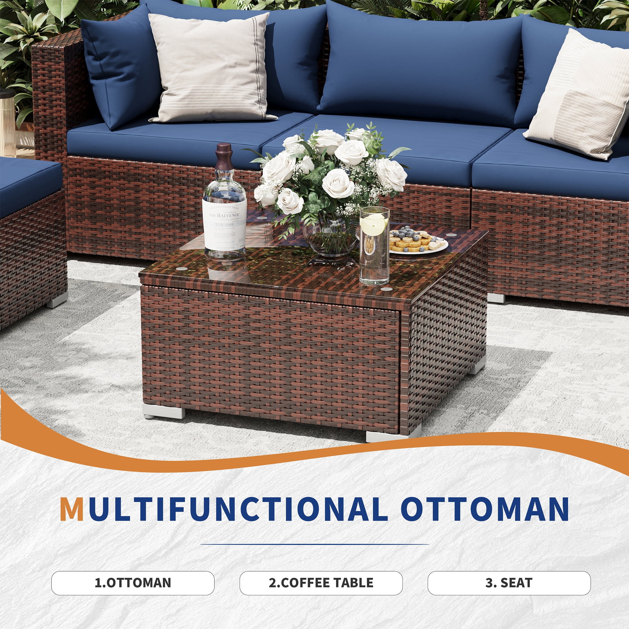 UDPATIO 7-Piece Wicker Modular Sectional Outdoor Conversation Set with Glass Coffee Table (Blue) 9nbg0 - Image 4