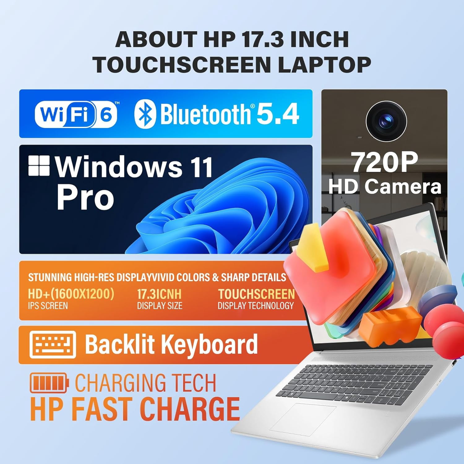 HP 17 Laptop Computer, 17.3 in HD+ Touchscreen, AMD Ryzen 5-7430U, 12GB RAM, 512GB SSD, Windows 11 Pro, Backlit Keyboard (Silver) 8iatz