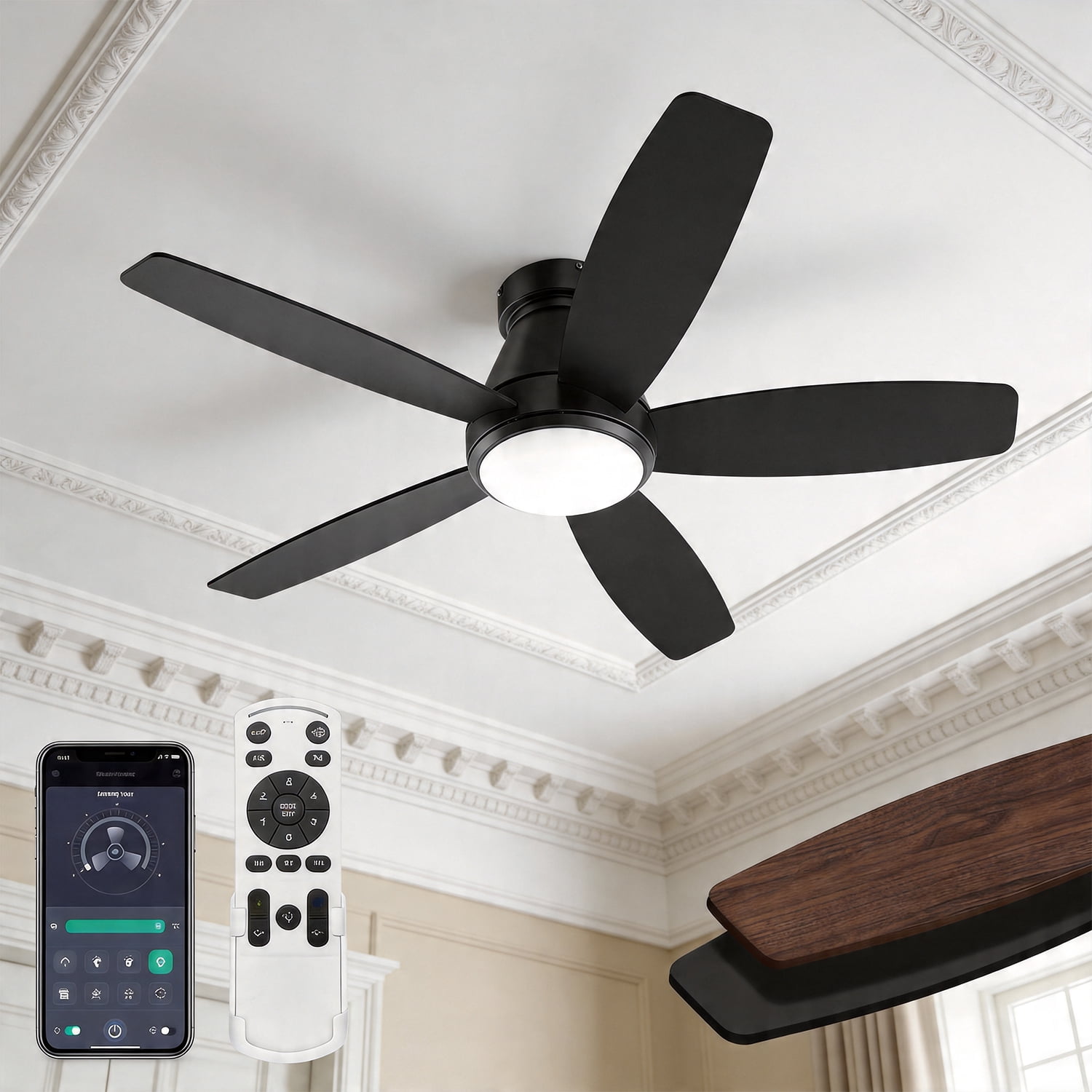 Behome 42 in Low Profile Ceiling Fan with Lights, Remote and APP Control, Reversible Blades, 6-Speed Flush Mount (Black/Walnut, 42 in) ki2d8